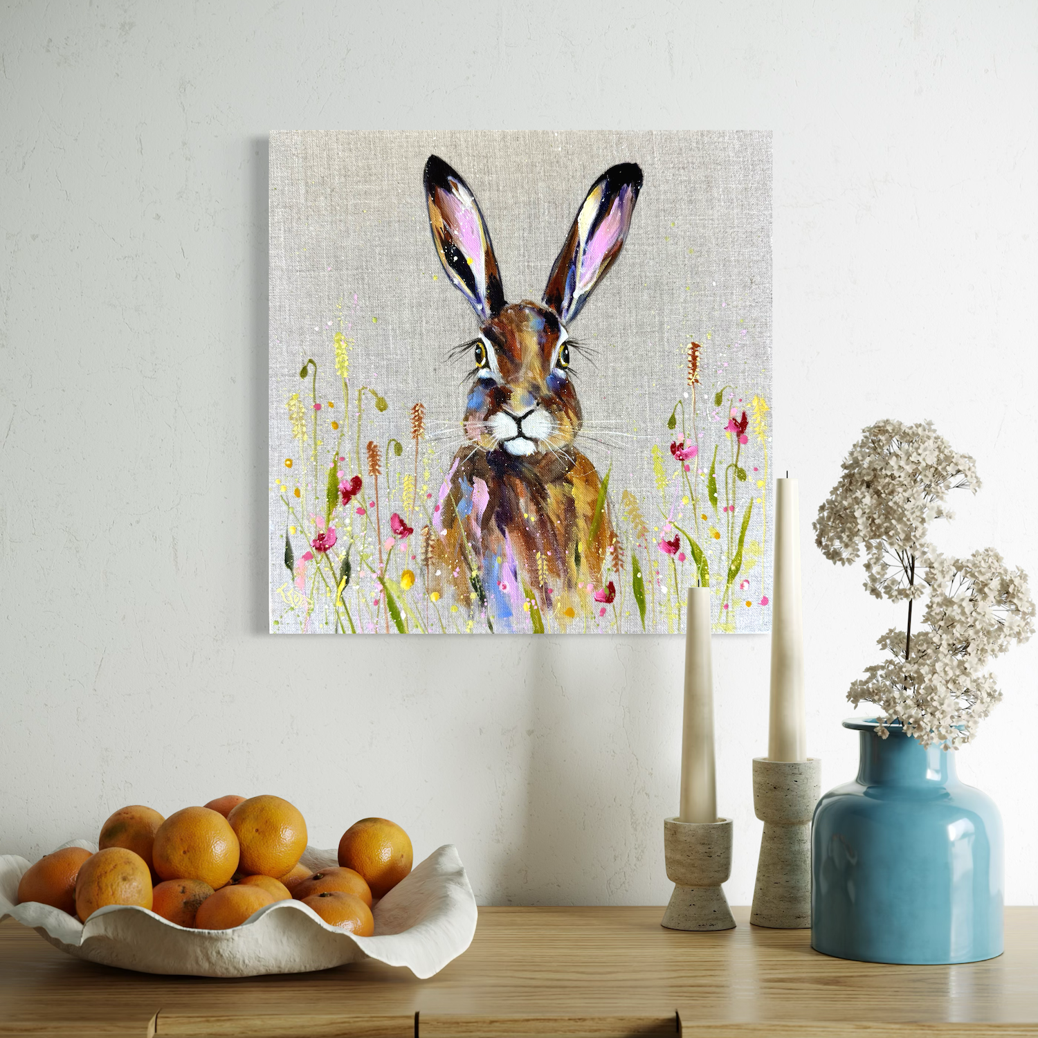 LIttle harvest hare painting by Louise Luton in room setting.png