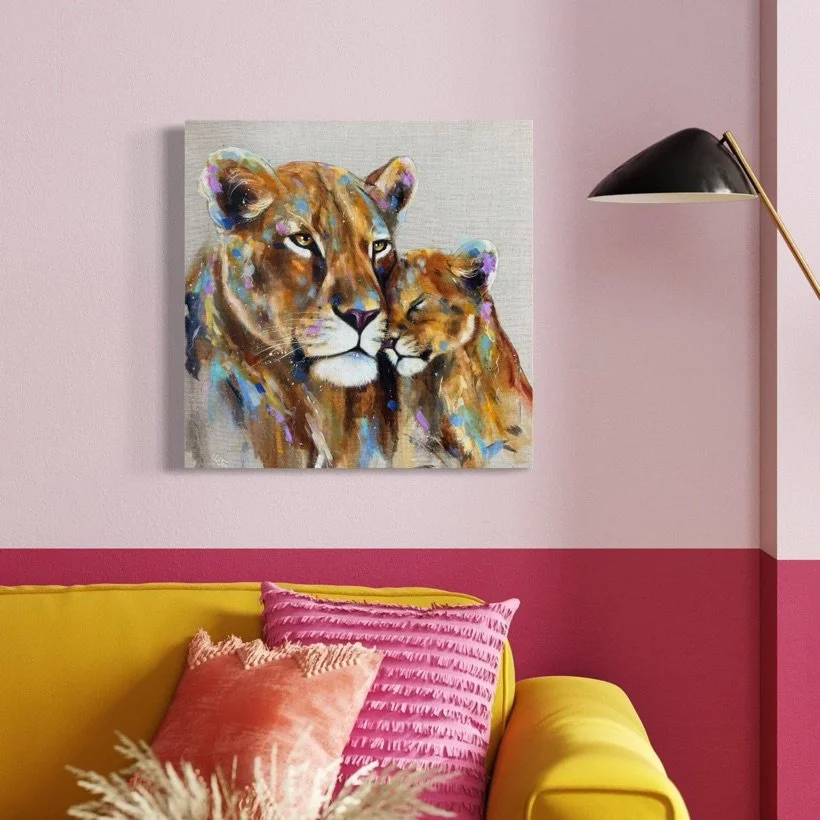 Lioness and her cub by Louise Luton in pink setting.jpg