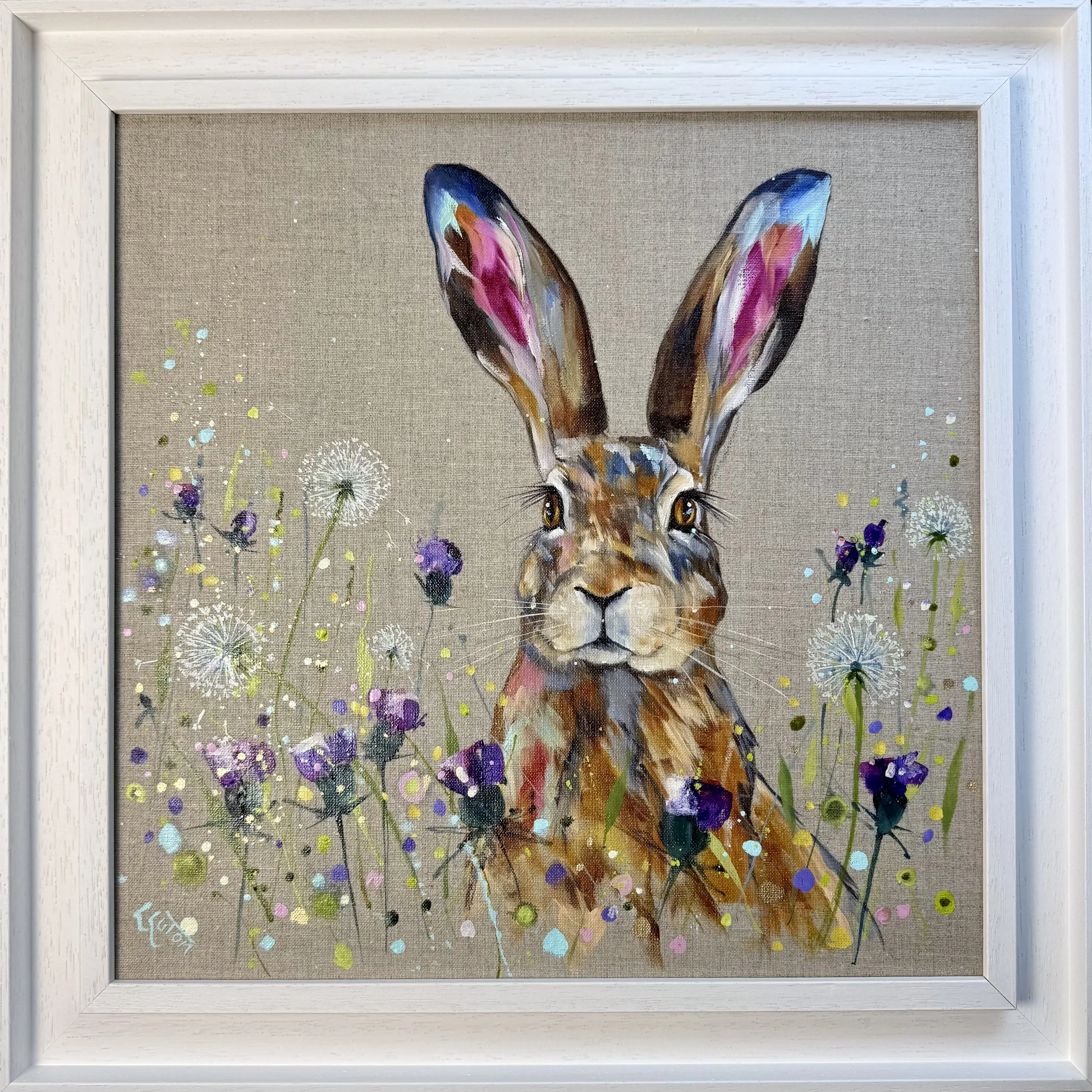 Hare in dandelions and thisltels by lOuise Luton framed.jpeg