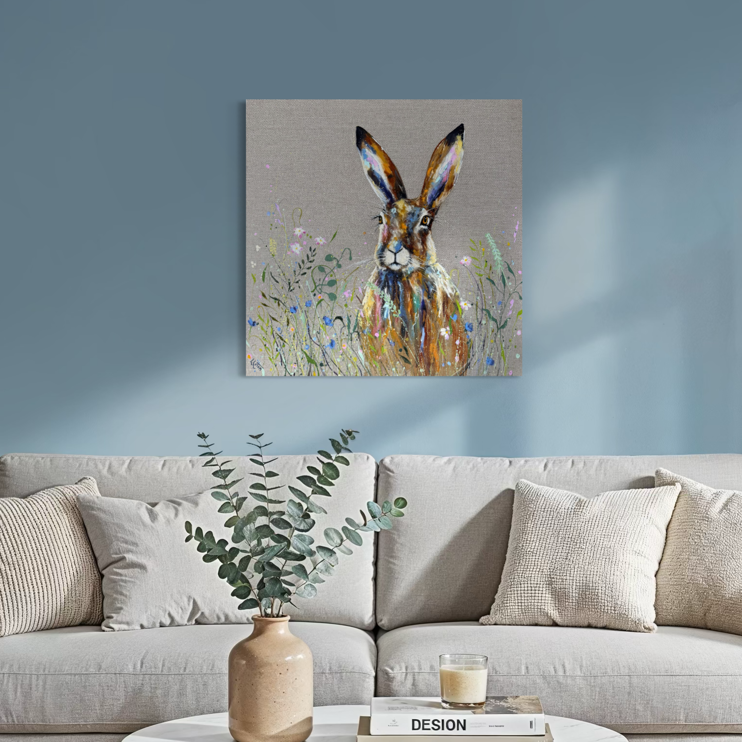 Meadow hare by Louise luton in blue room setting.png