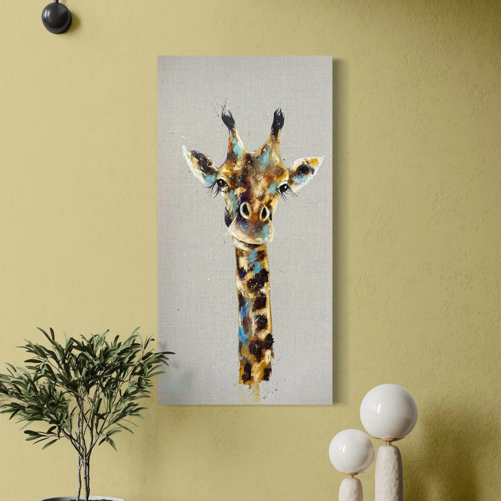 Galilea the giraffe on yellow wall by Louise Luton.jpeg