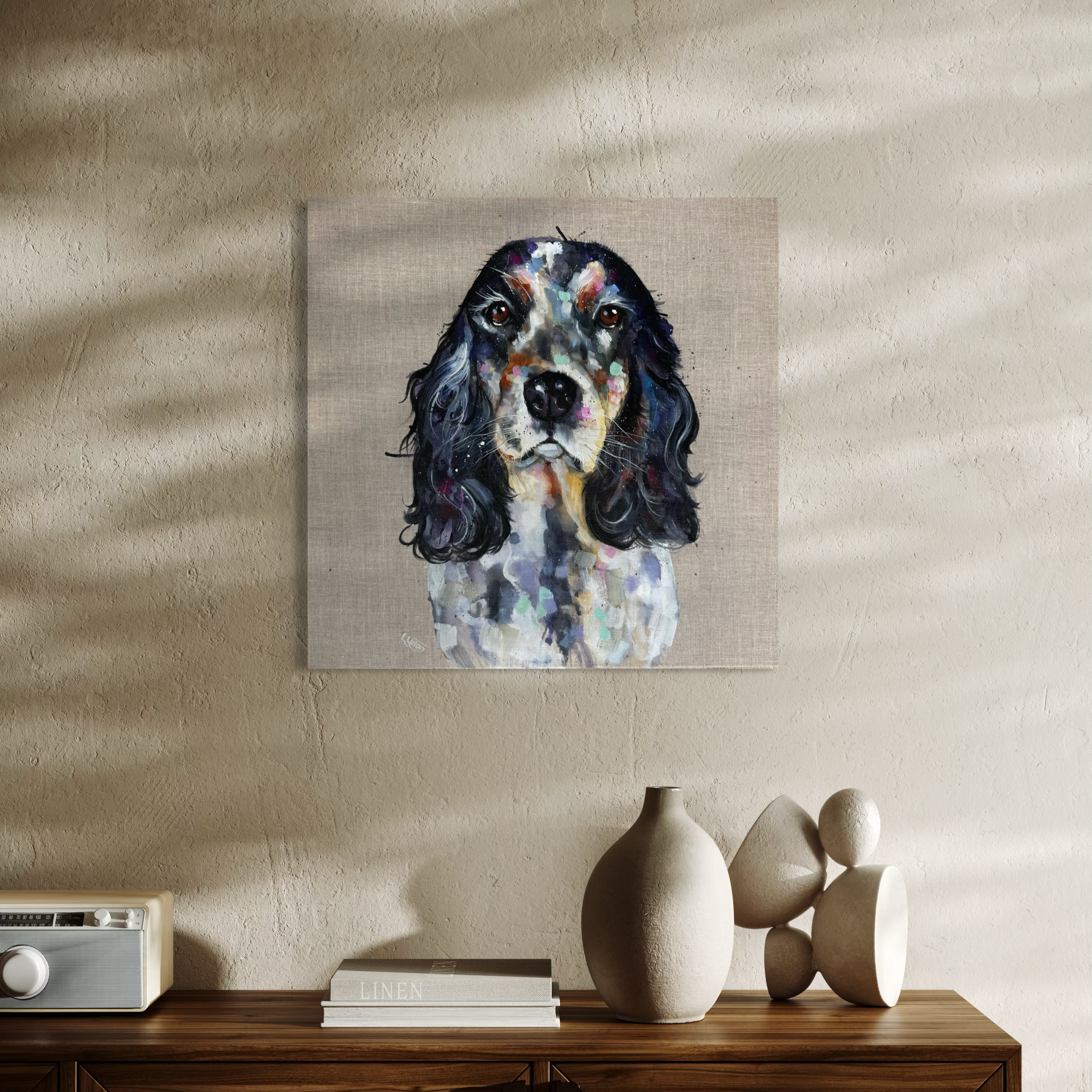 cookie spaniel painting by Louise Luton in neutral room setting.png