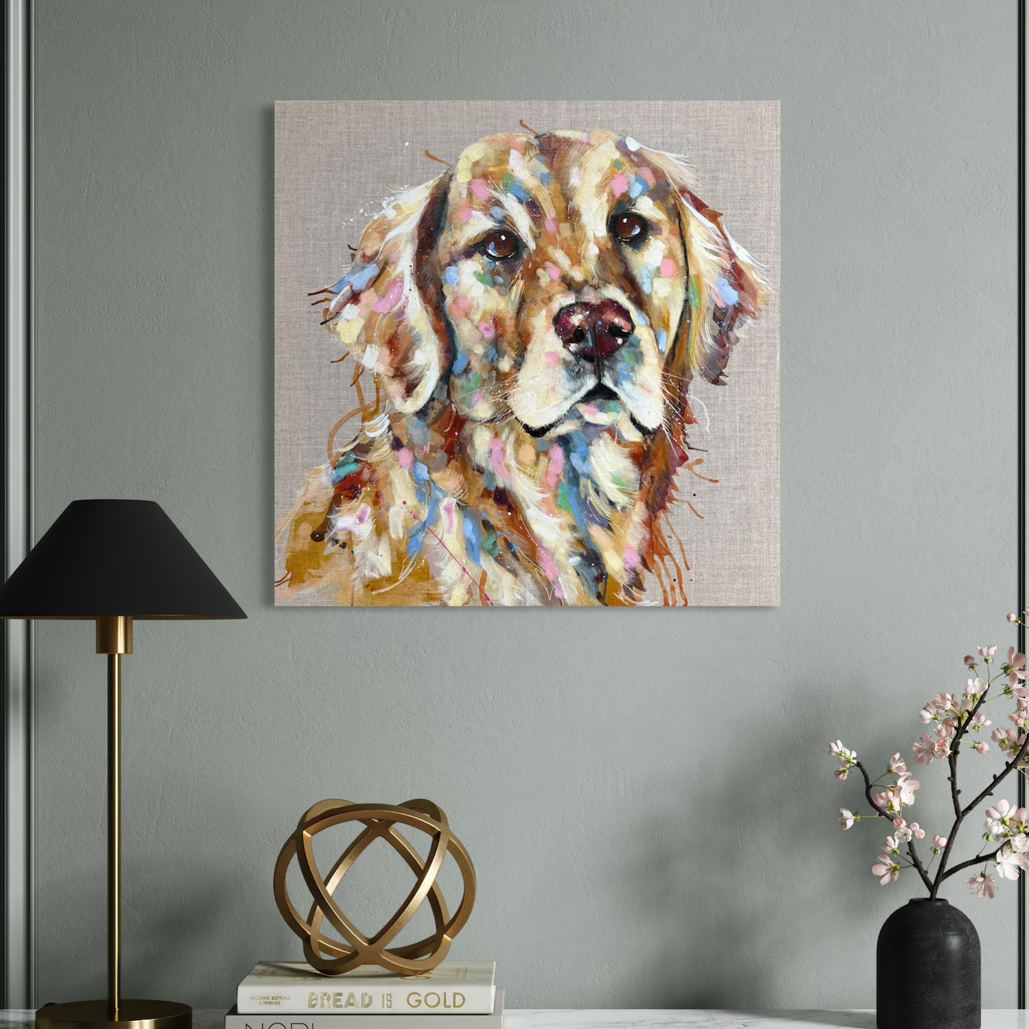 golden retriever painting by Louise Luton in grey hall setting.png