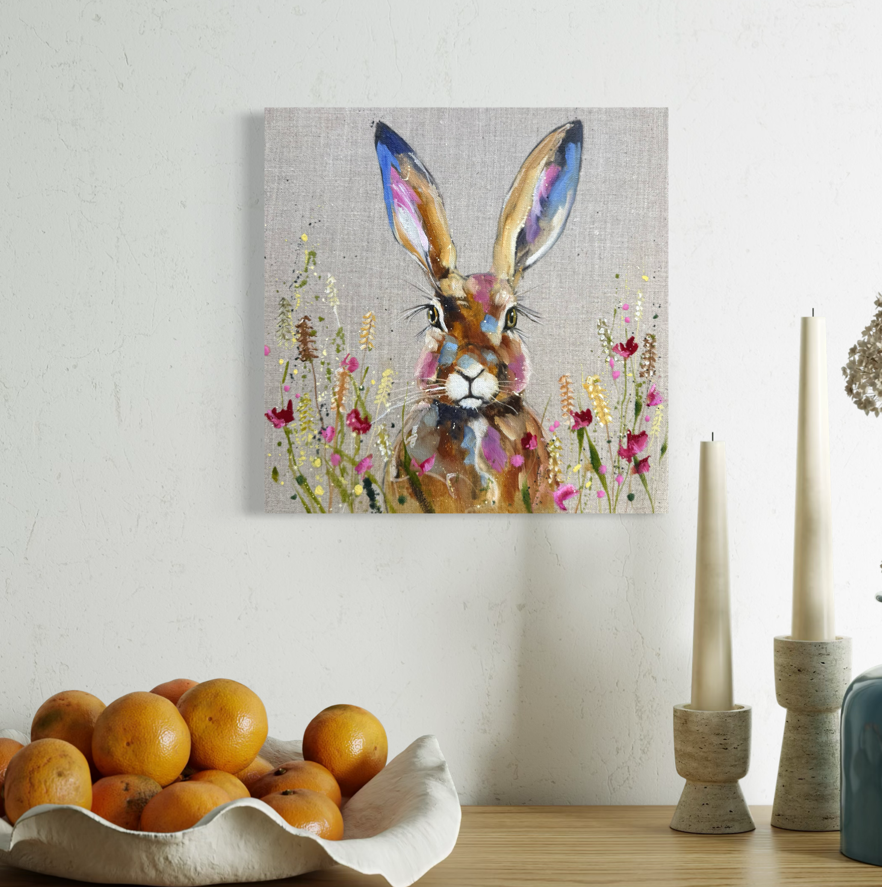litle harvest hare painting by Louise Luton on sideboard.png