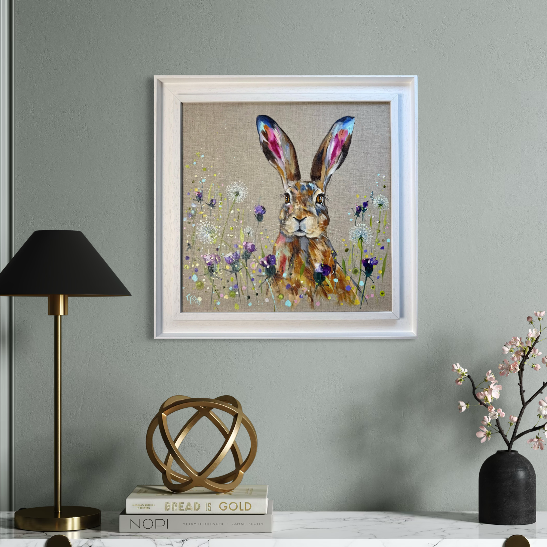 hare with thistles by Louise Luton in hallway setting.png