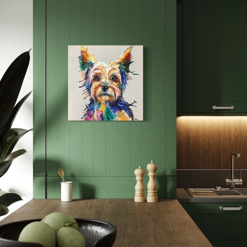 Yorkie by Louise Luton in green kitchen setting.jpeg