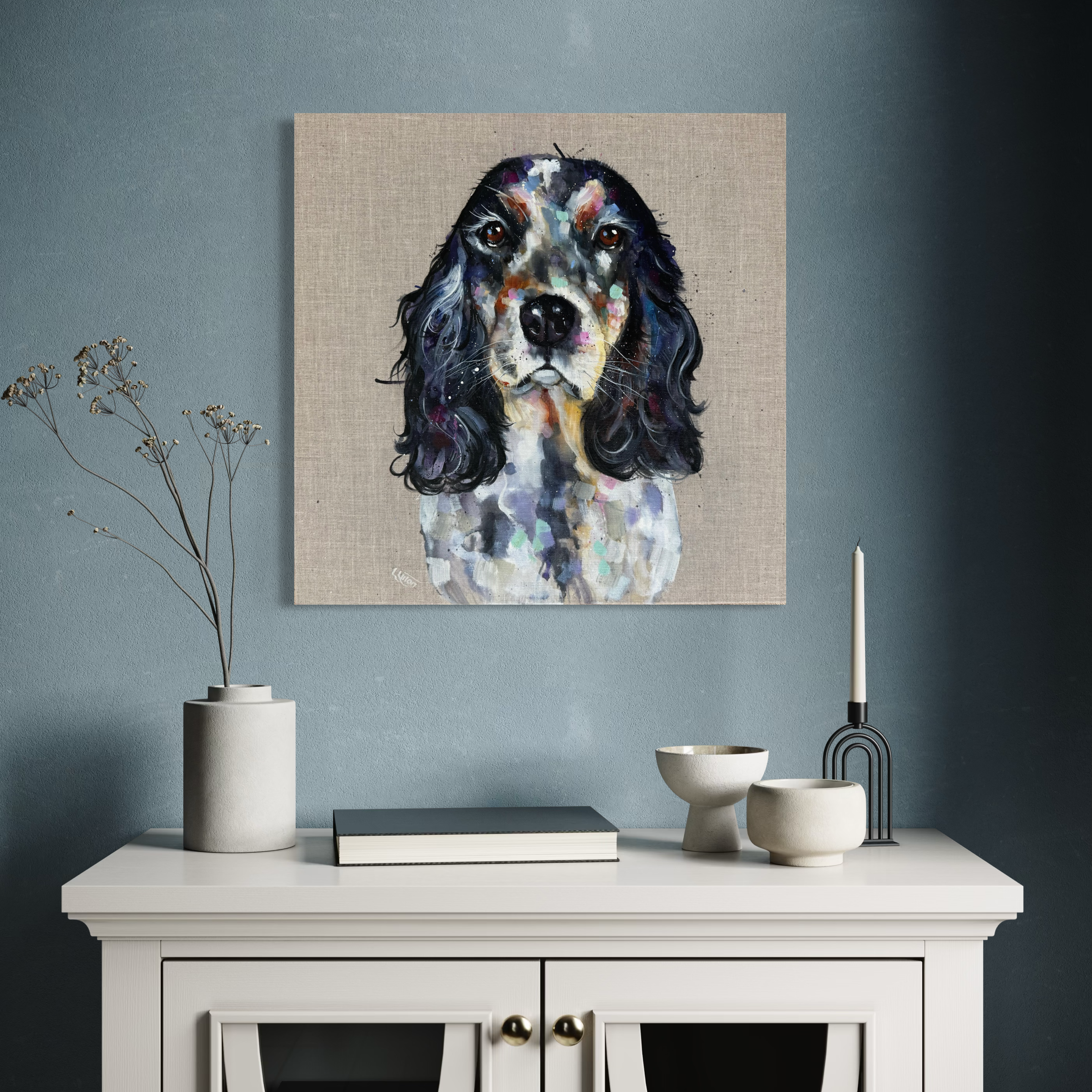 Cookie spaniel painting in grey room setting by Louise Luton.png