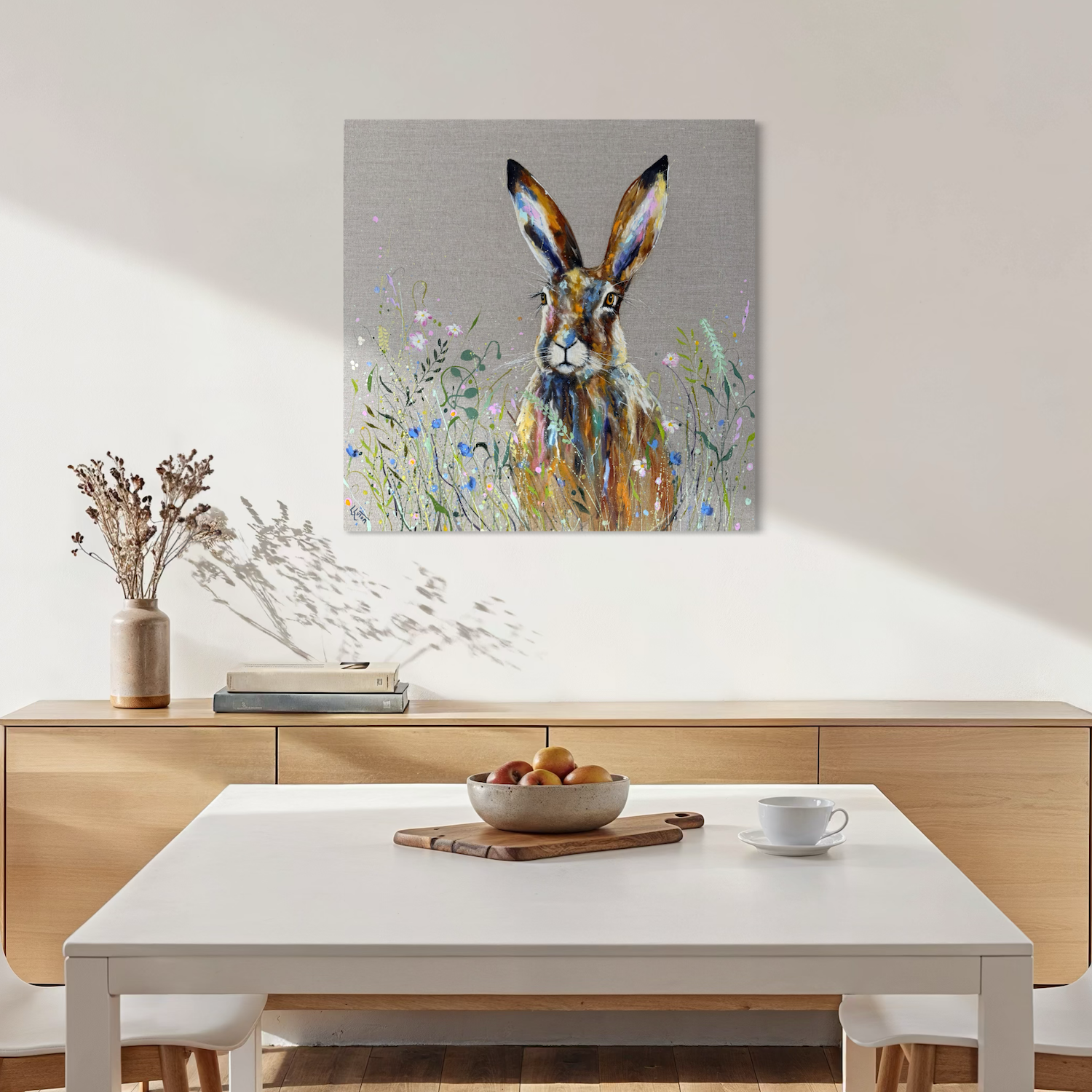 meadow hare by Louise Luton in white dining room setting.png