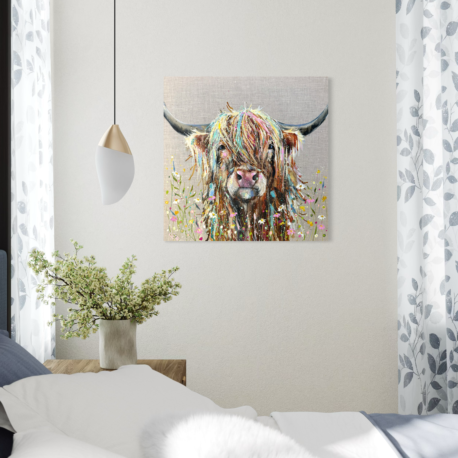 isla highland cow by Louise Ltuon in white bedroom setting.PNG