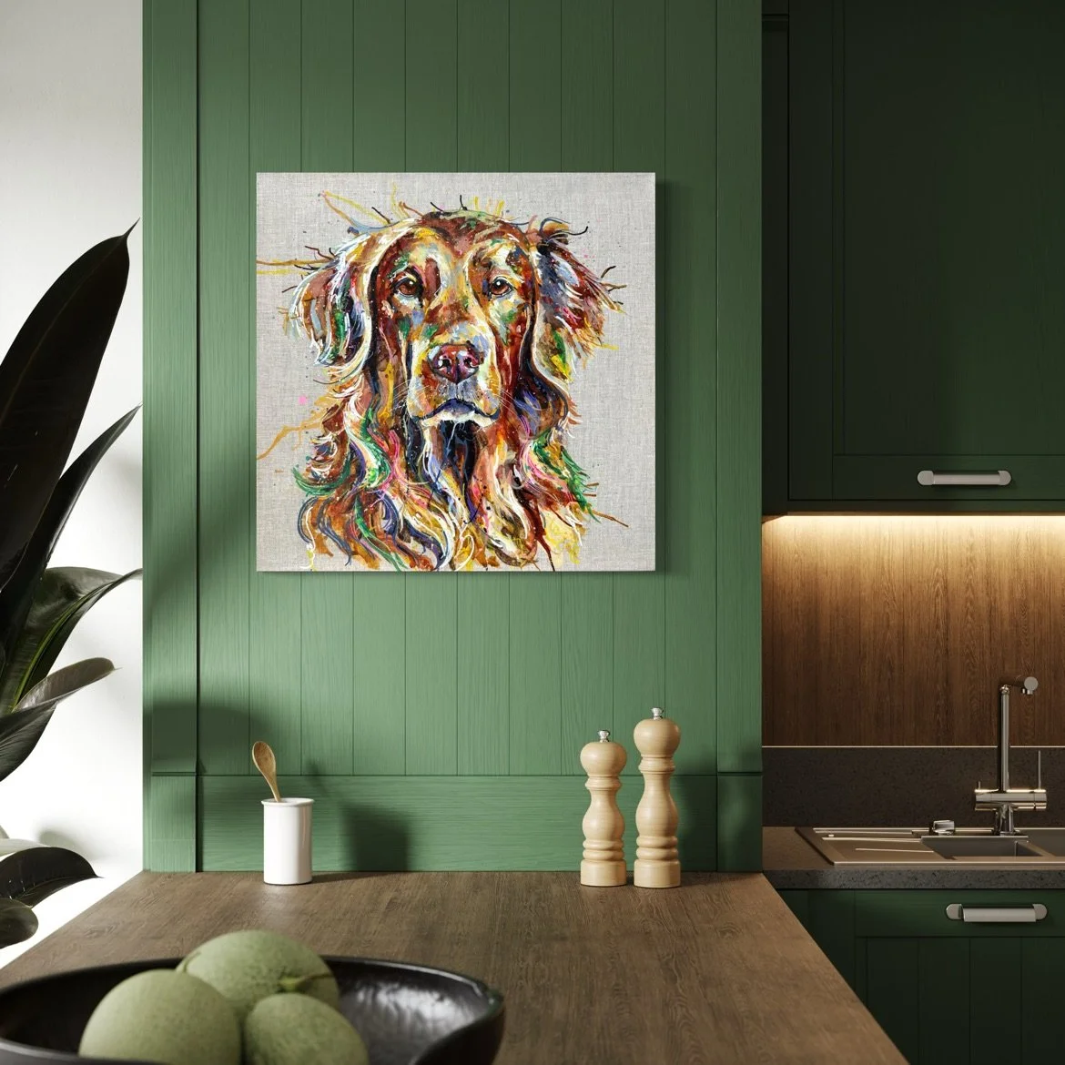 rusty golden retreiver painting in green ktichen by Louise Luton.jpg