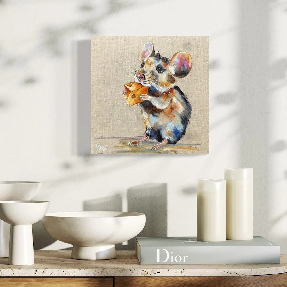 Little mouse with cheese by Louise Luton in white room.jpeg