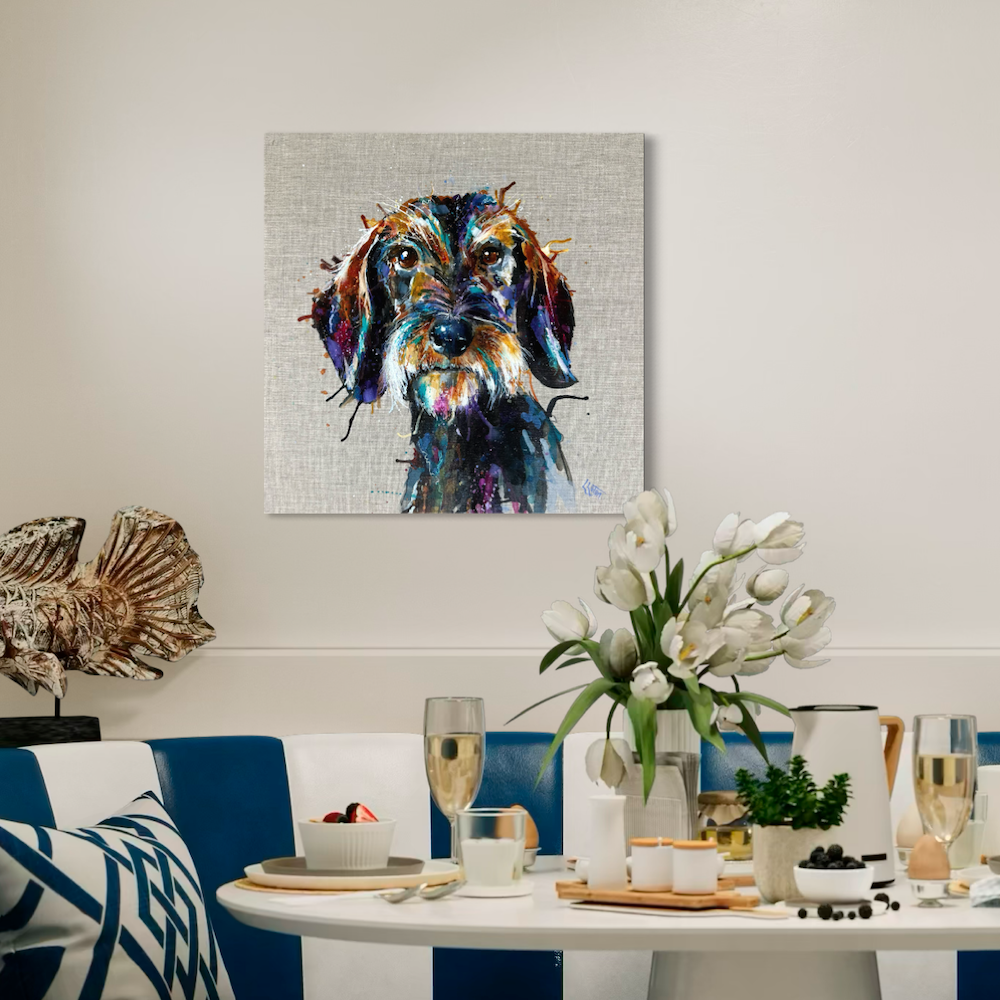 wire haired dachschund by Louise Luton in stripy room setting.png