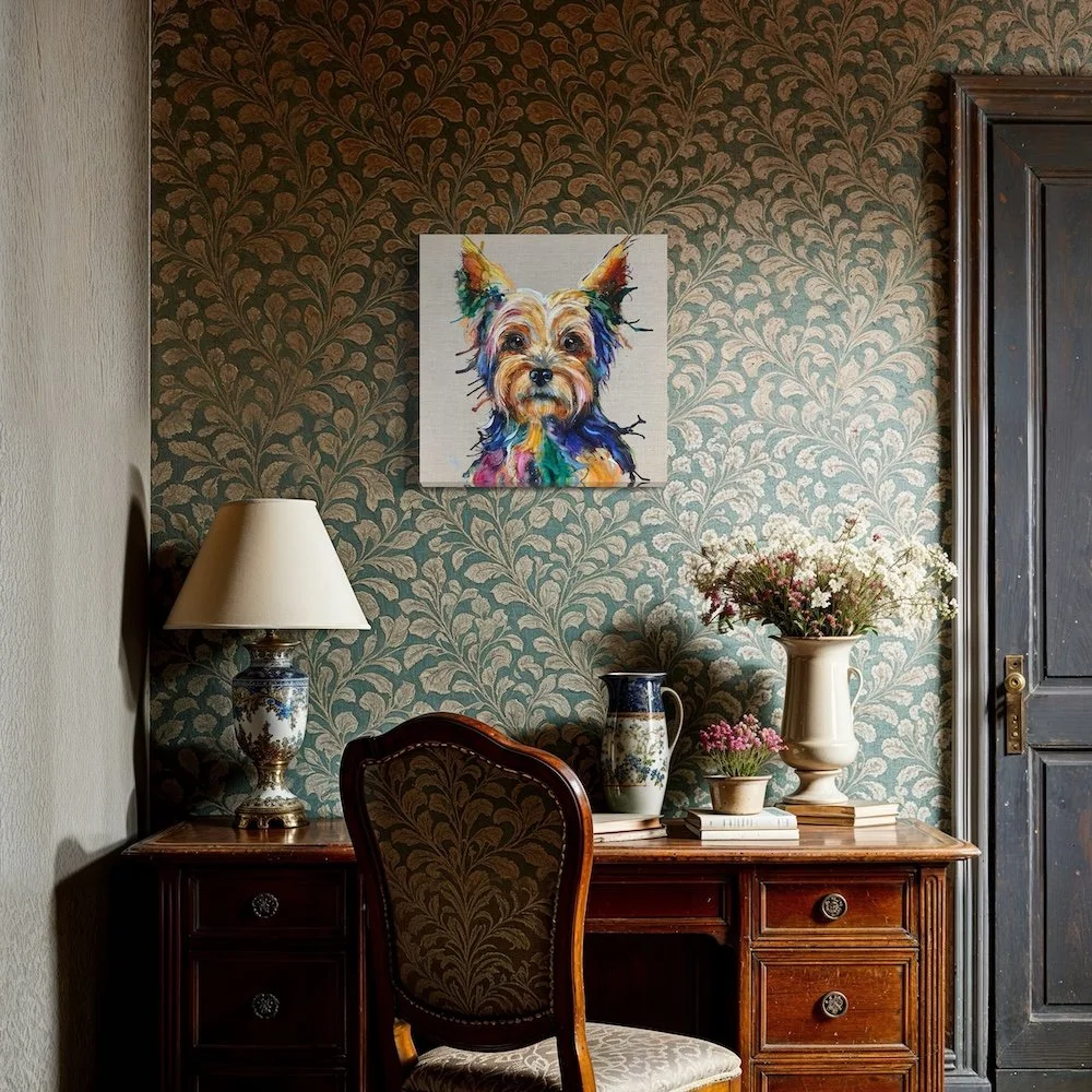 Yorki by Louise Luton above desk on wall paper.jpeg