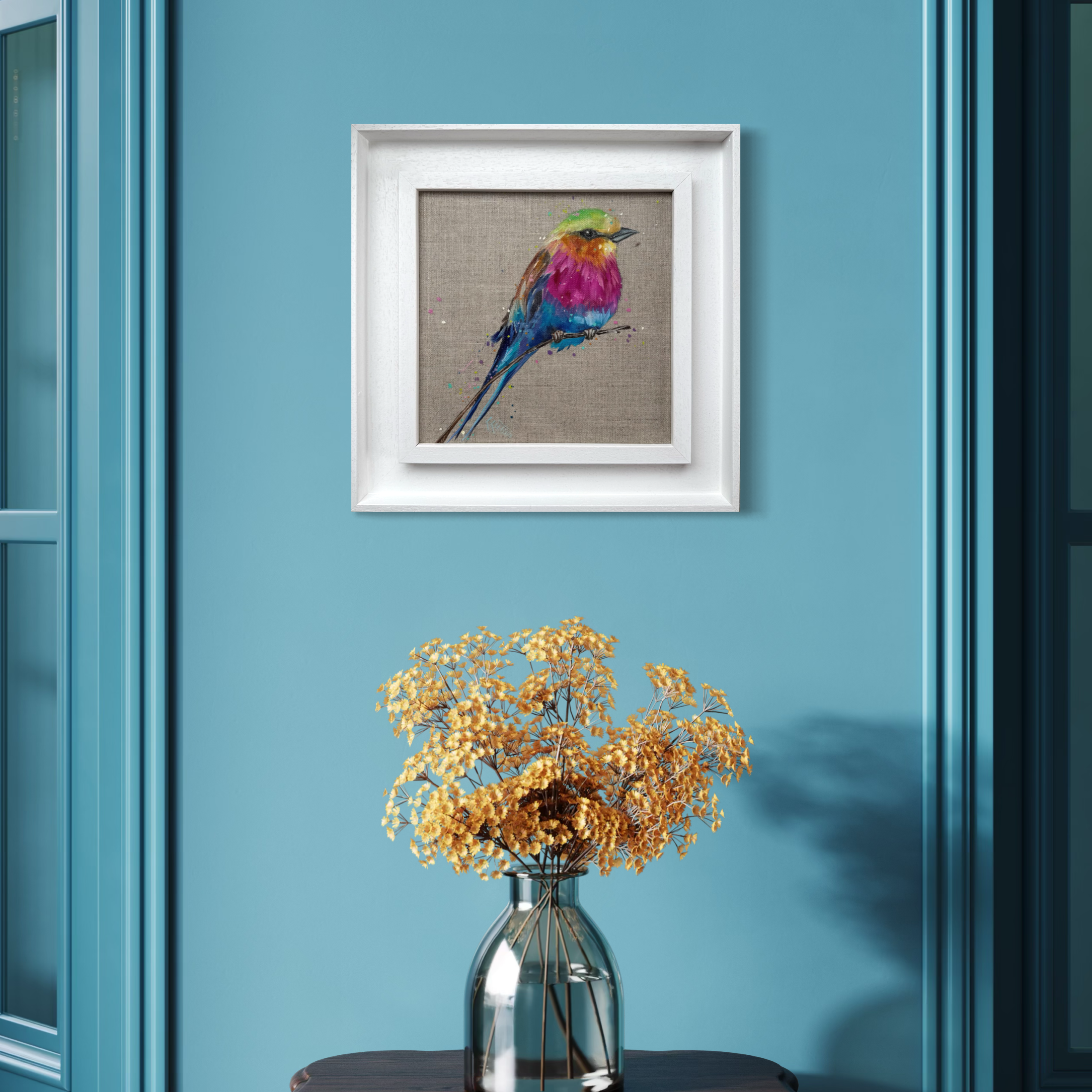 lilac breasted roller painting by Louise Luton in turquoise room setting.png