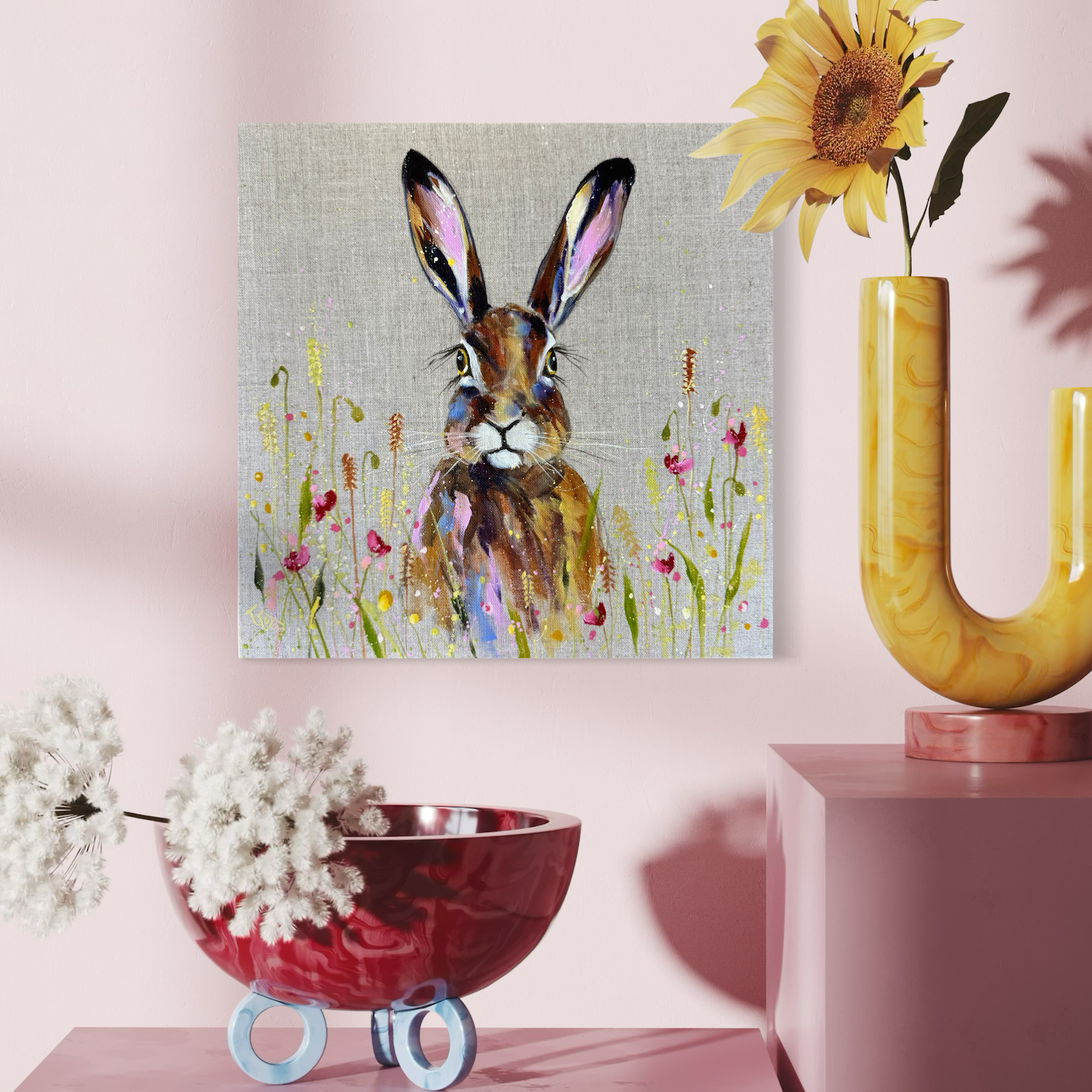 Little harvest hare by Louise Luton in pink room setting.png