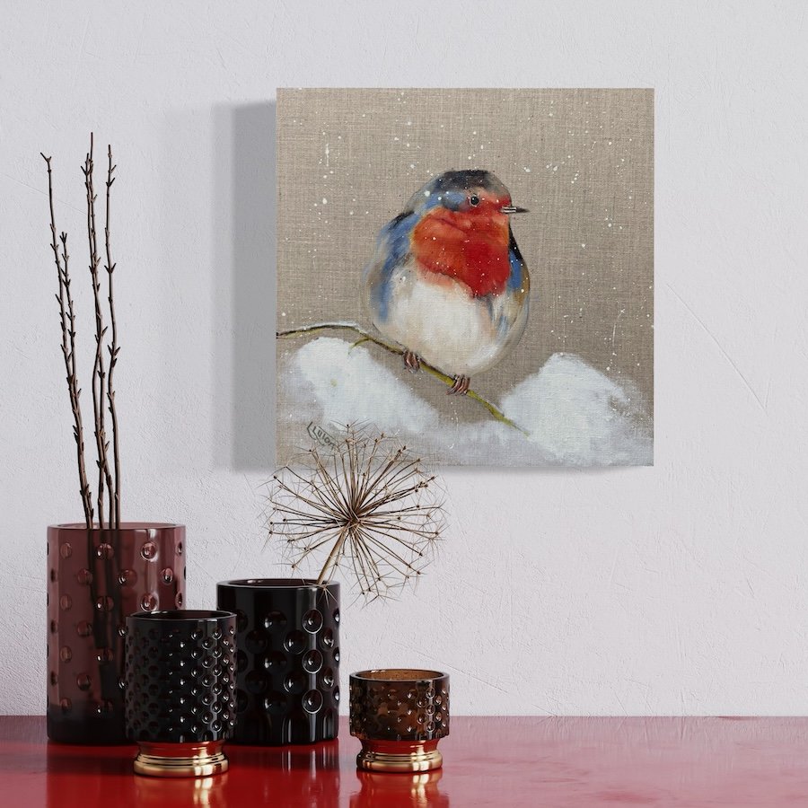 Small robin by Louise luton on red sidebaord setting.jpeg