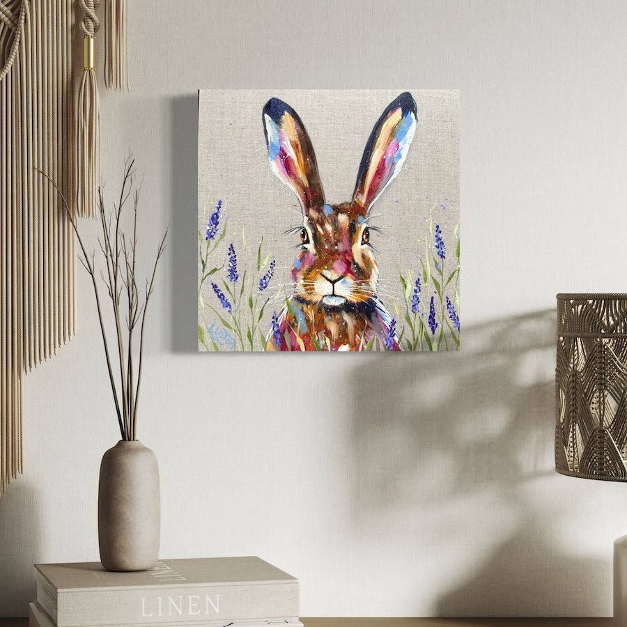 Lavender hare in neutral room.jpeg