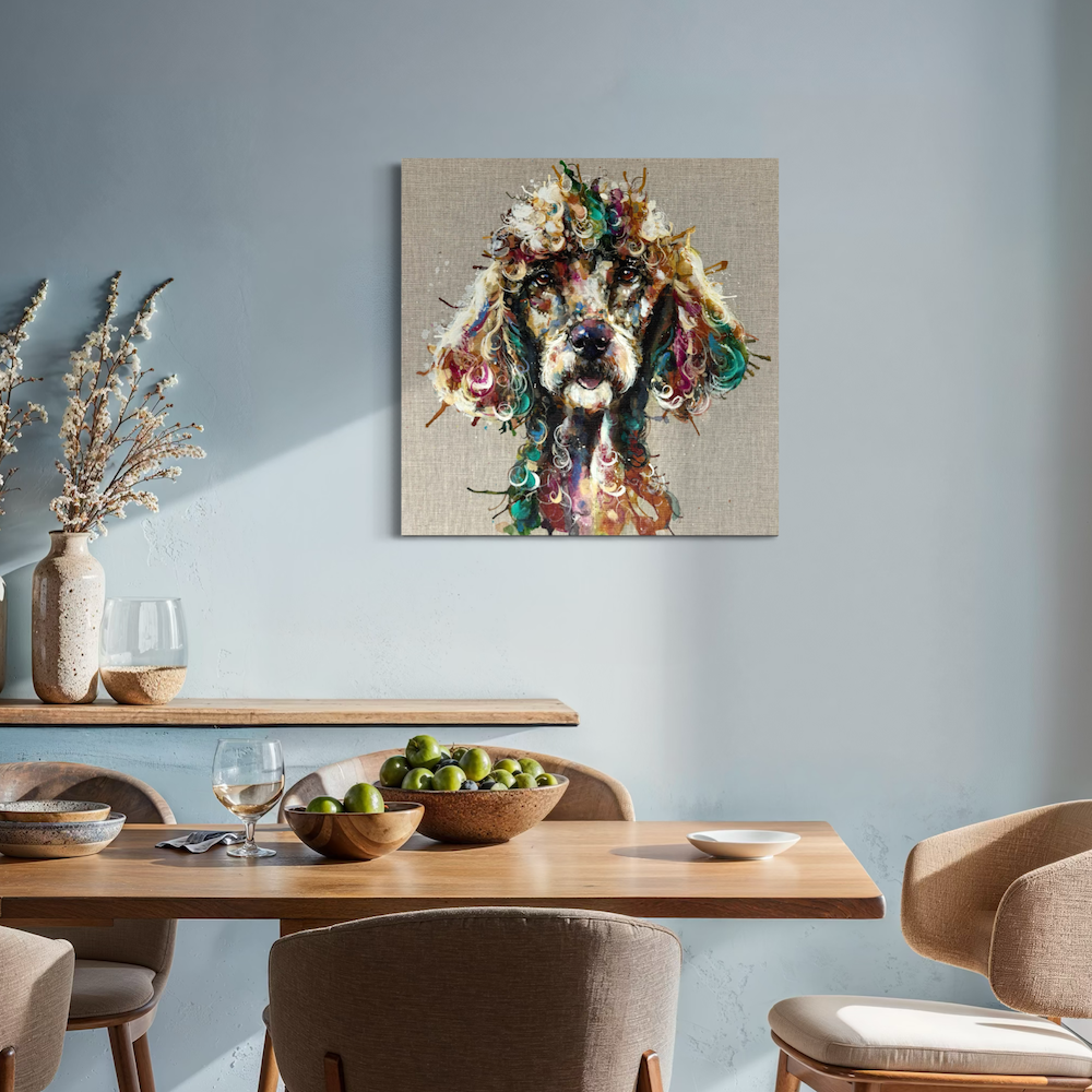 standard poodle painting by louise luton in blue dining room setting.png