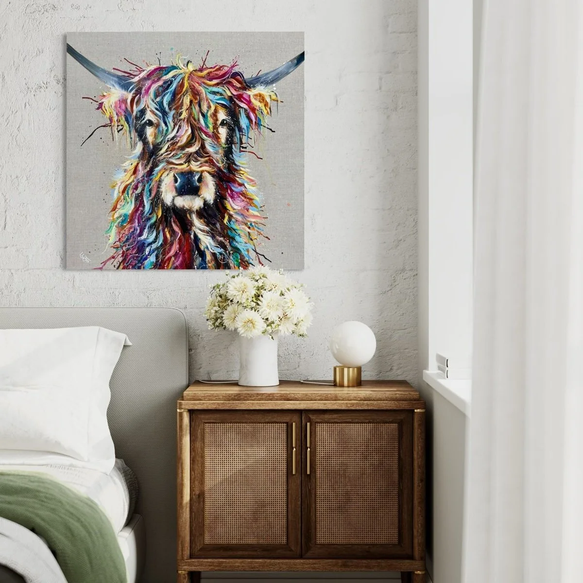 Nellie highland cow by Louise Luton in white bedrrom setting.jpg