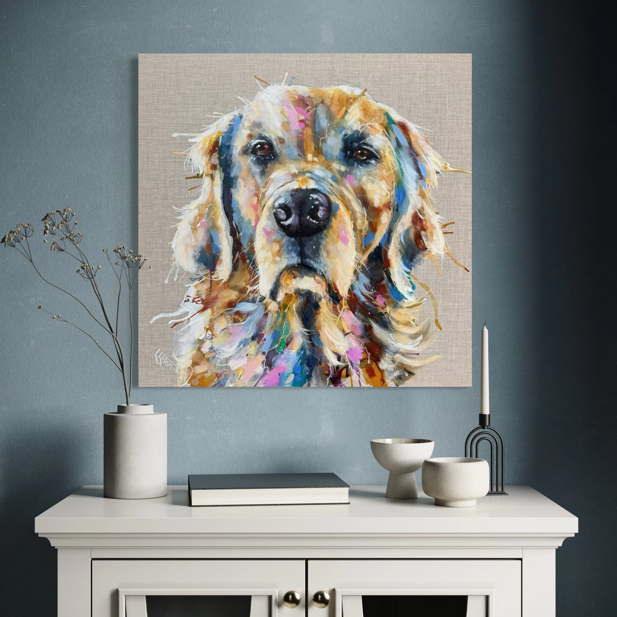 Example of a dog portrait by Louise Luton on grey wall setting