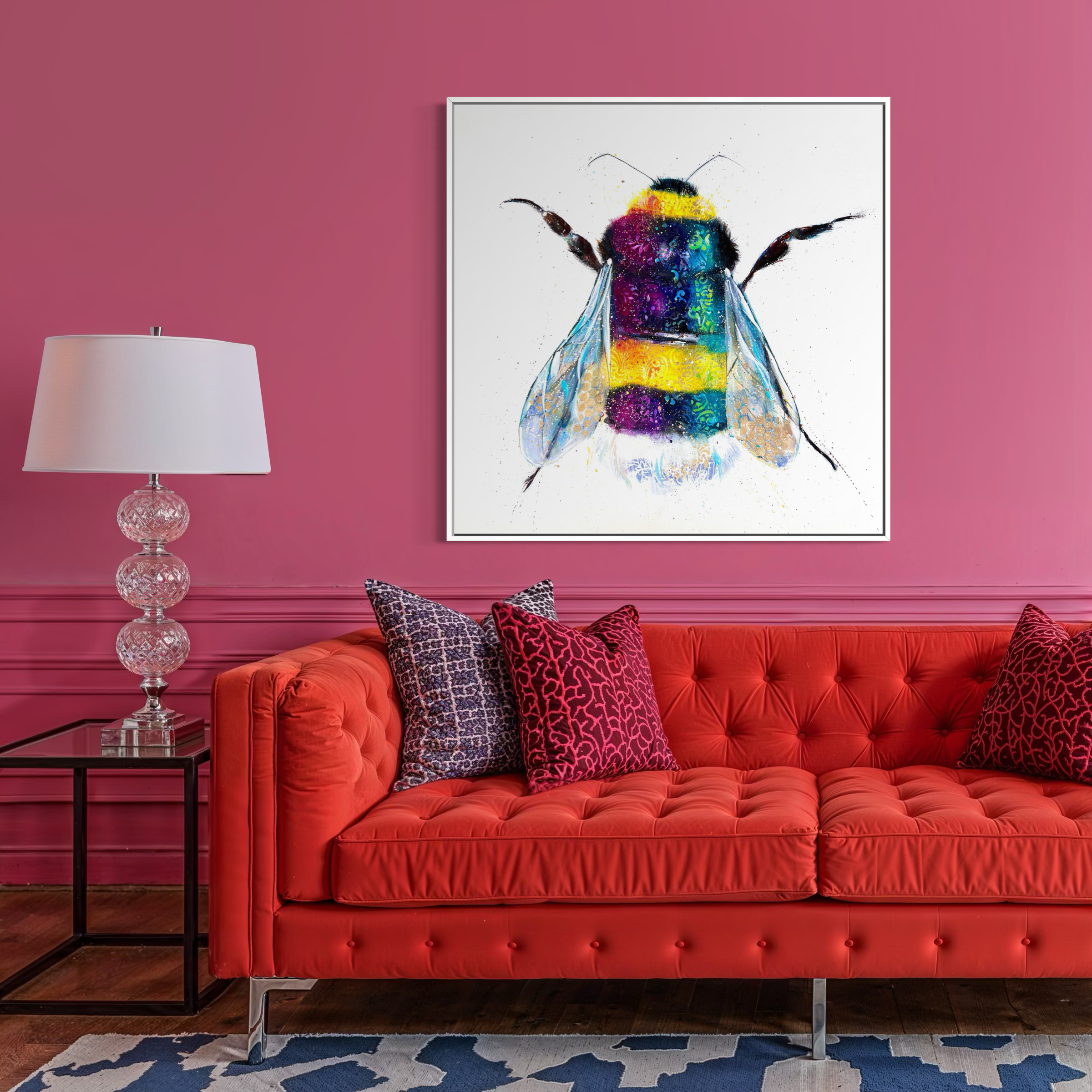 Bumble bee print by Louise Luton in pink room setting.png