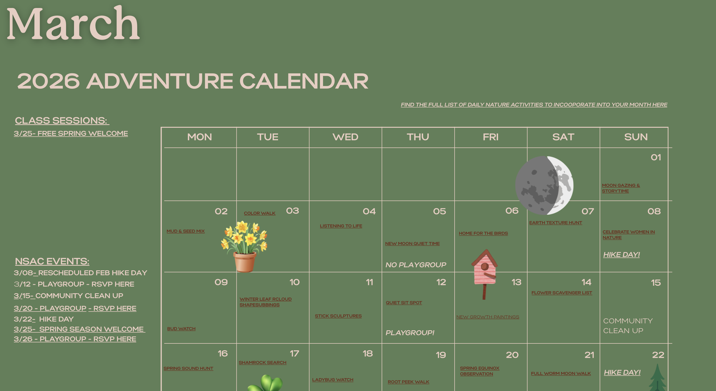 March 2026 Daily Nature Activity List