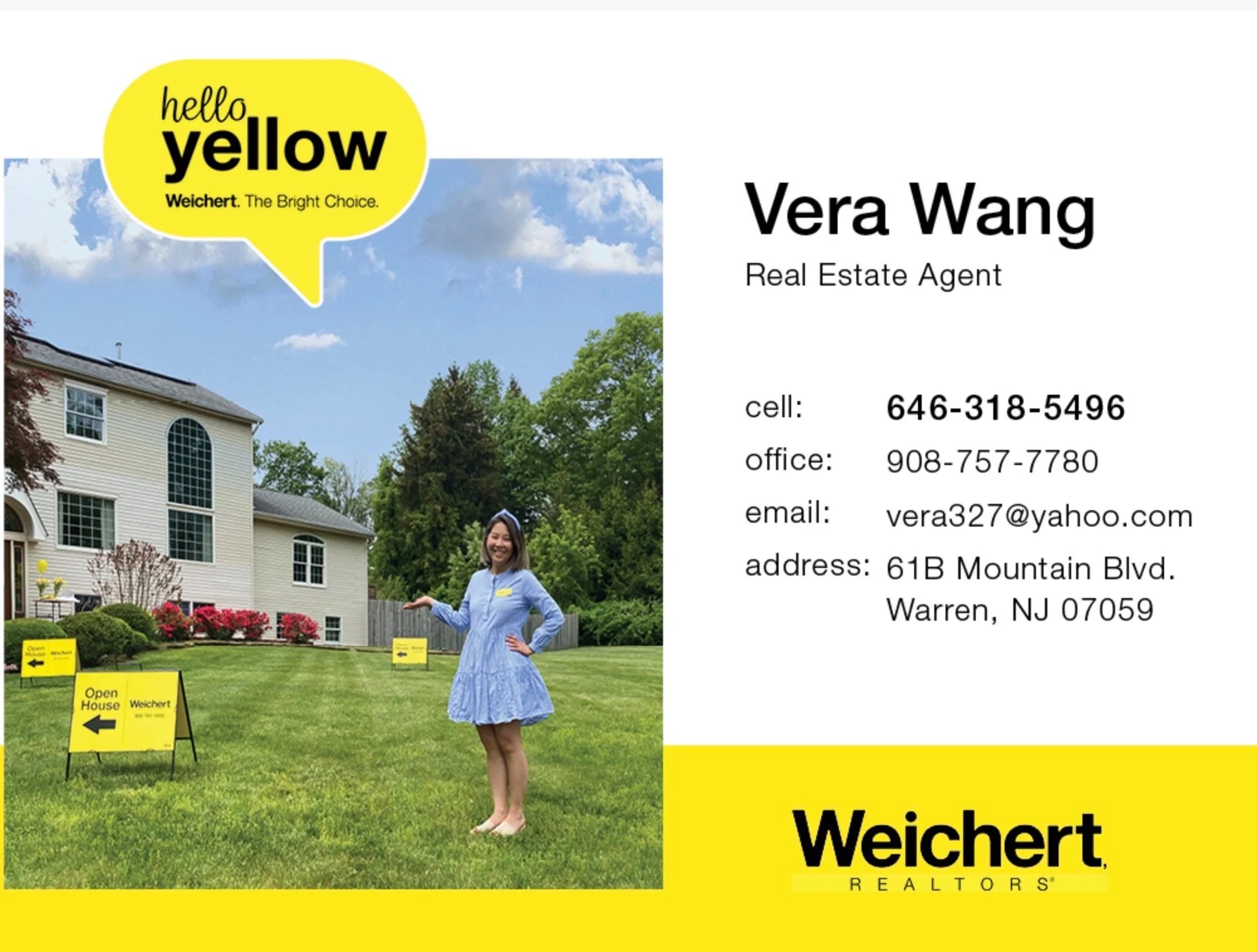 Business card design for Vera Wang, a real estate agent, featuring her contact details on a split background with a photo of her standing on a lawn with houses and trees in the background, and signs advertising an open house.