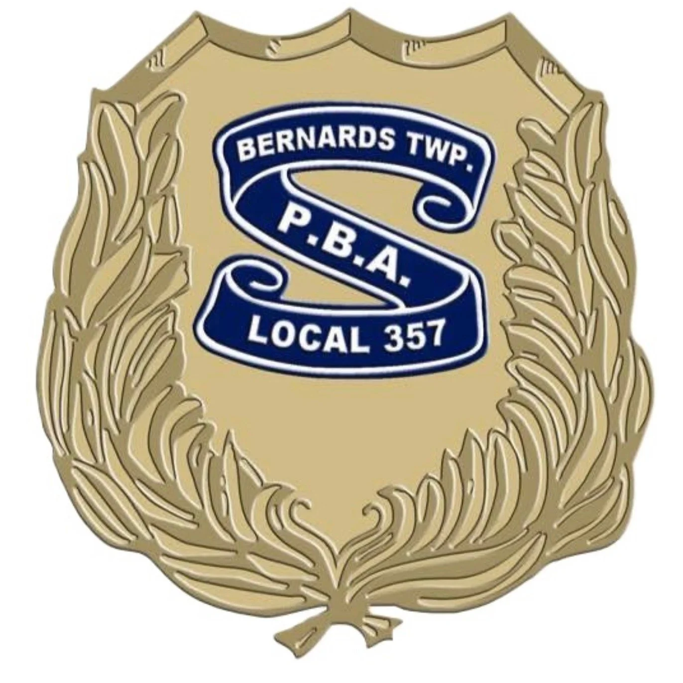 Police badge with the text 'Bernards Twp. P.B.A. Local 357' and a decorative gold border.