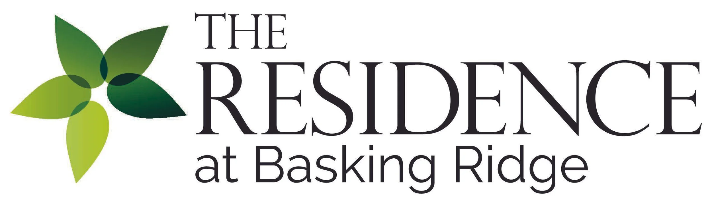 Logo for The Residence at Basking Ridge featuring green leaf design and black text.