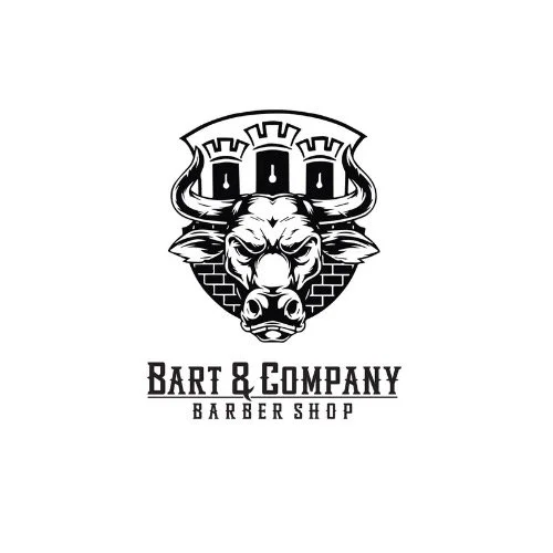 A logo for Bart & Company Barber Shop featuring a fierce boar's head with large tusks, surrounded by a crest with three castle turrets.