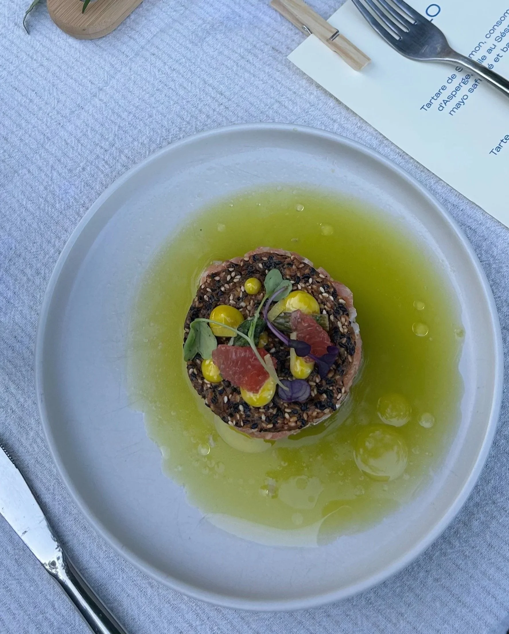 Salmon Tartare, Asparagus Consommé & Sesame Tuile