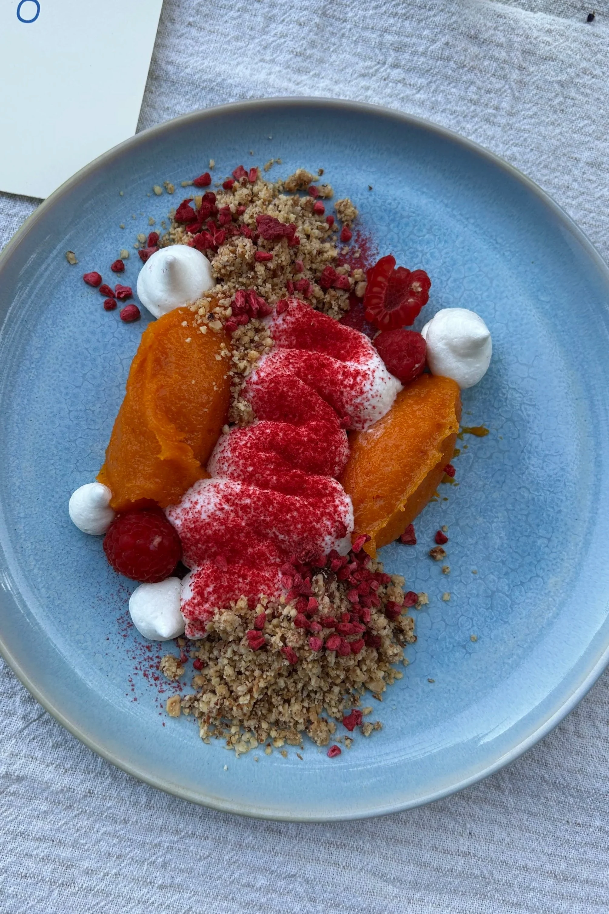 Sea Buckthorn Tart, Light Rose Cream & Raspberries