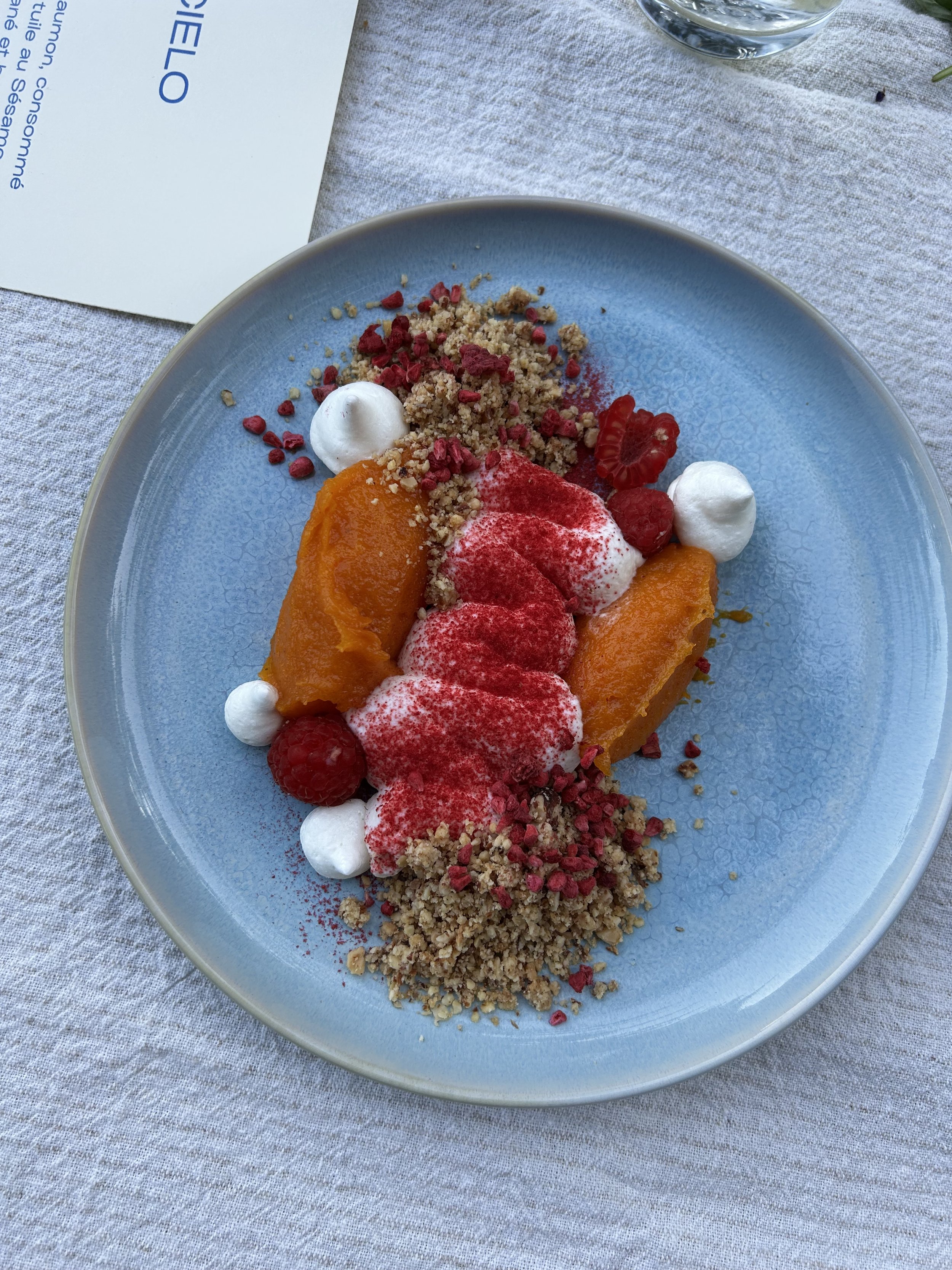 Sea Buckthorn Tart, Light Rose Cream & Raspberries