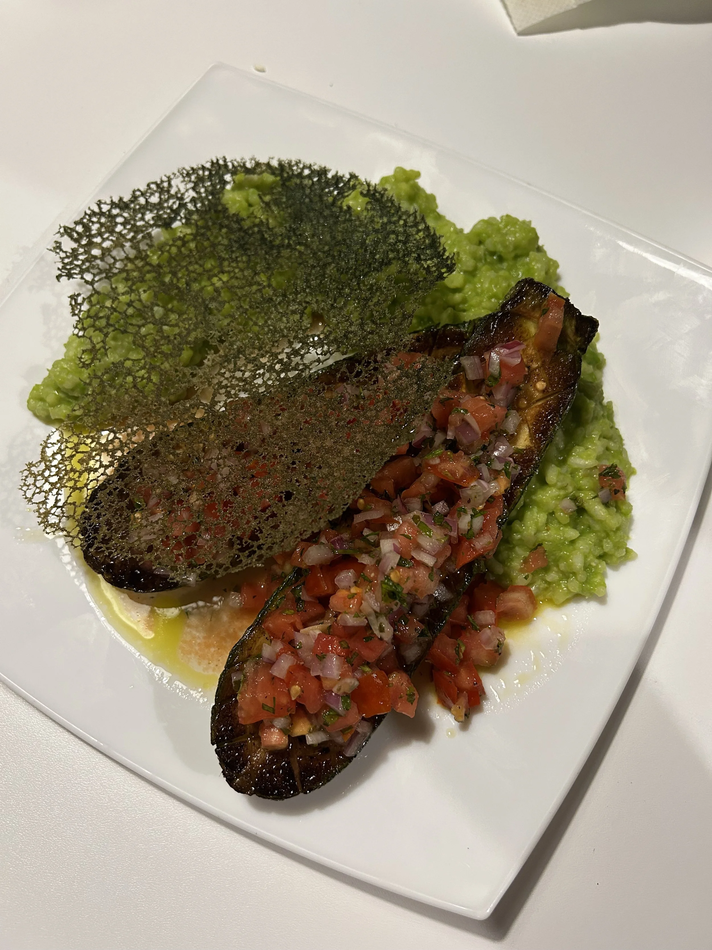 Grilled Zucchini Bruschetta with Green Pea Risotto