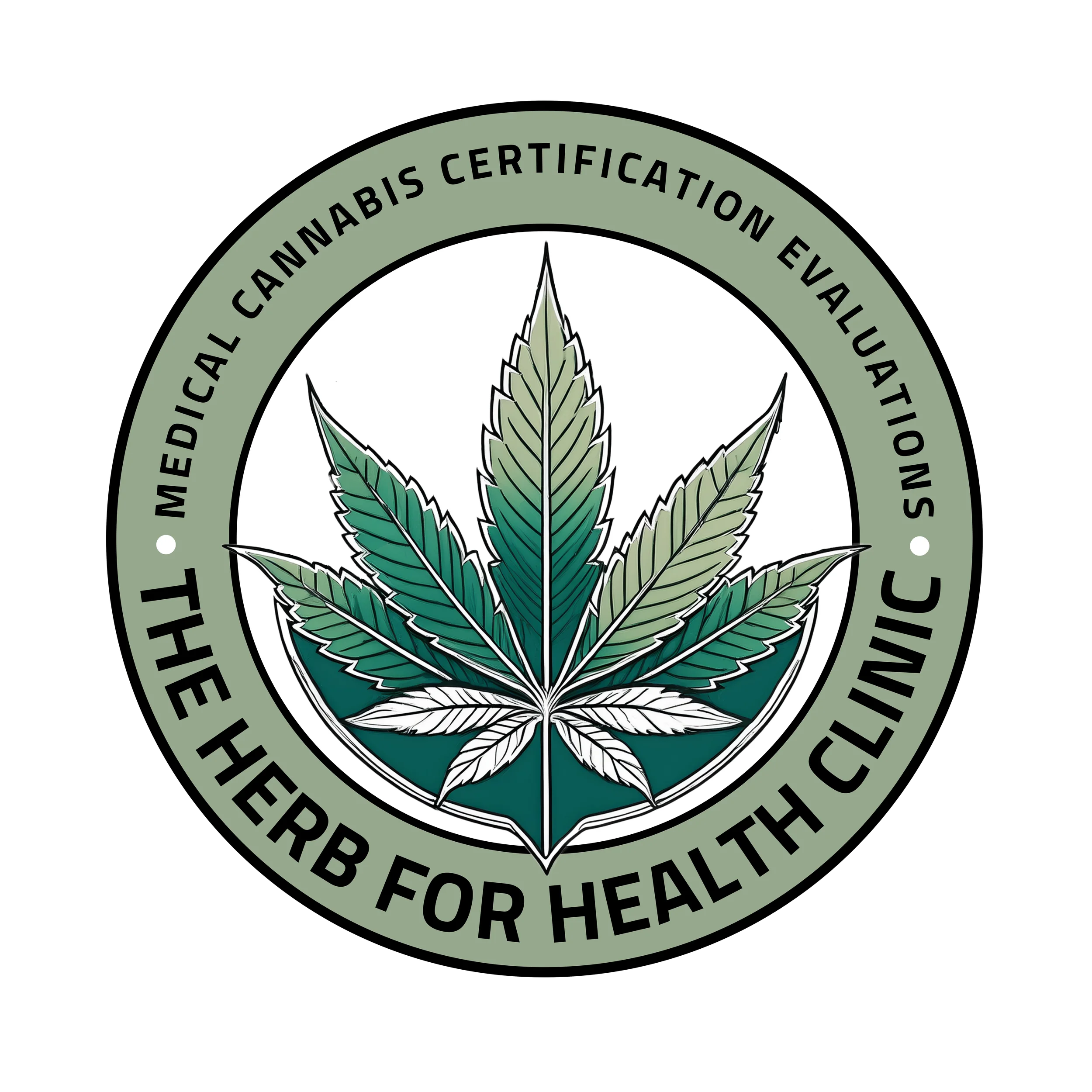 Seal of the Medical Cannabis Certification Evaluations Herp for Health Clinic featuring a cannabis leaf with green leaves outlined in white.