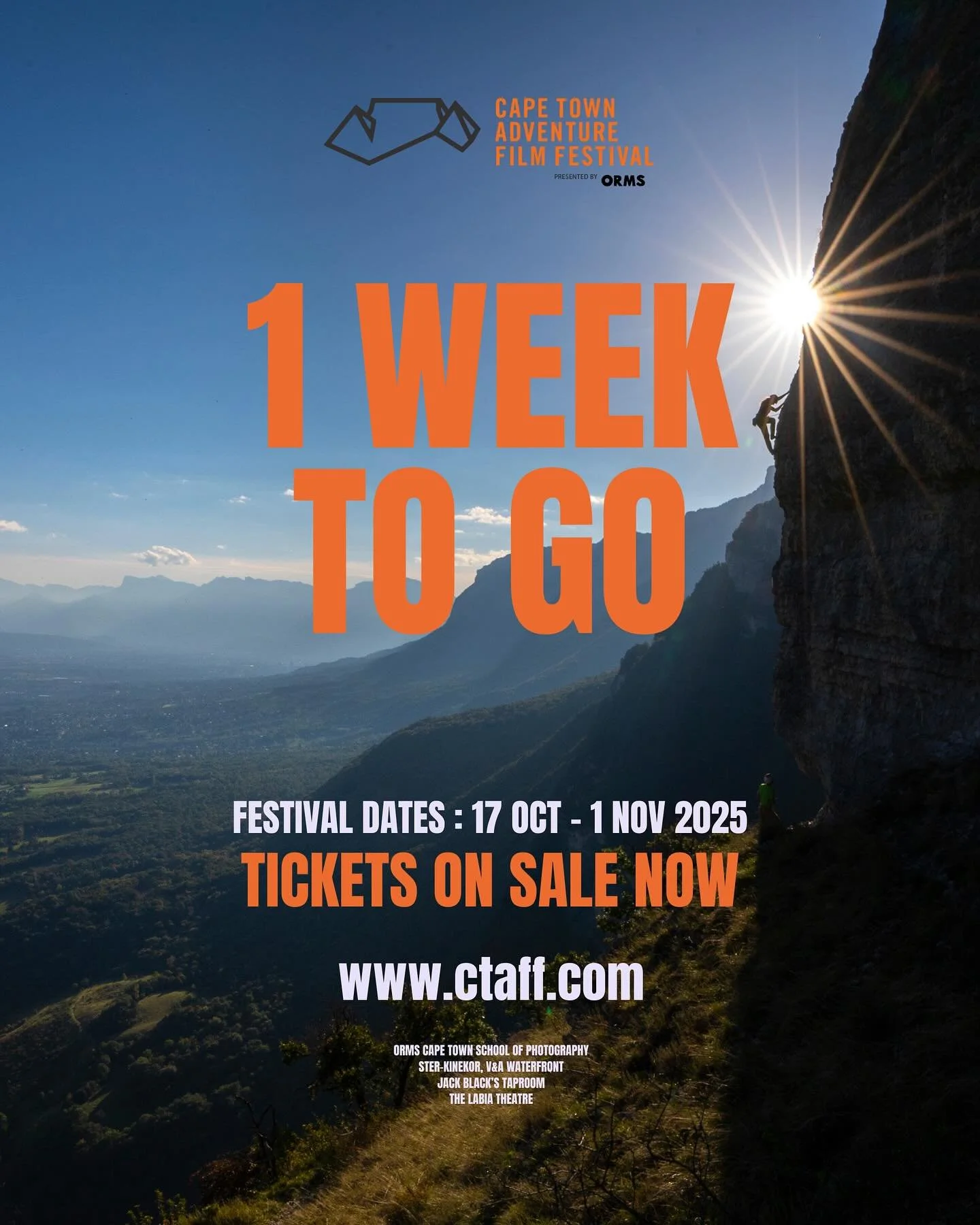 ⏰ The wait is almost over.

Just 7 days until the Opening Night of the Cape Town Adventure Film Festival!

🎟️ Tickets are moving. Grab yours now via the link in bio!

#CTAFF2025 #AdventureFilmFestival #CapeTownEvents
