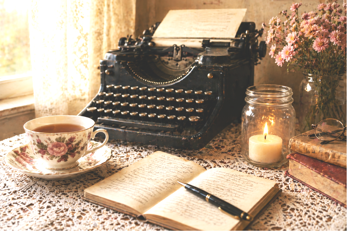 Vintage scene with a typewriter, an open handwritten journal, a cup of tea on a saucer, a lit candle in a jar, glasses, a stack of books, and a vase of pink flowers on a lace-covered table near a window.