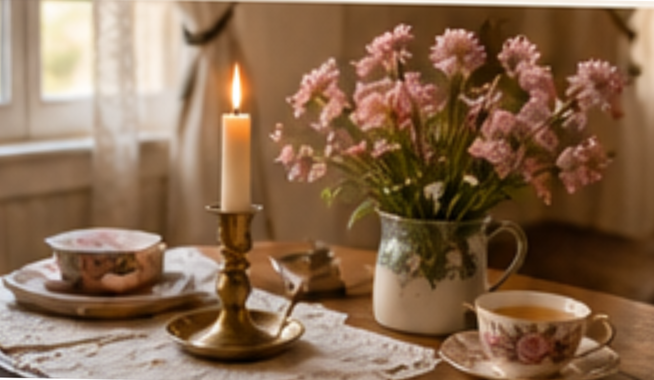 A cozy table setting with a lit candle in a brass holder, a pink floral teacup with saucer, a plate with a covered dish, a teapot, and a large vase of pink flowers on a wooden table near a window with curtains.