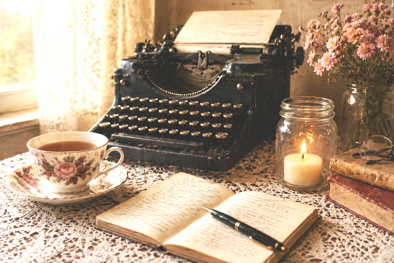 A vintage typewriter on a lace tablecloth, with an open handwritten journal and a pen, a cup of tea, a lit candle in a jar, a vase of pink flowers, and old books.