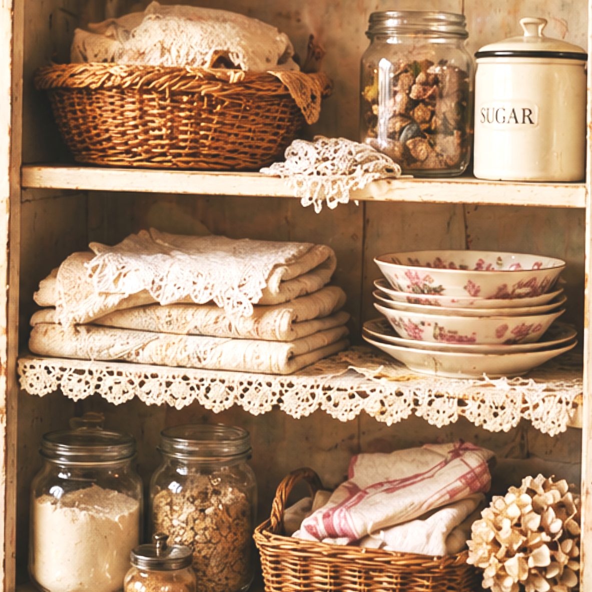 Vintage kitchen cabinet with linens, china bowls, jars of sugar and dry goods, and a wicker basket.