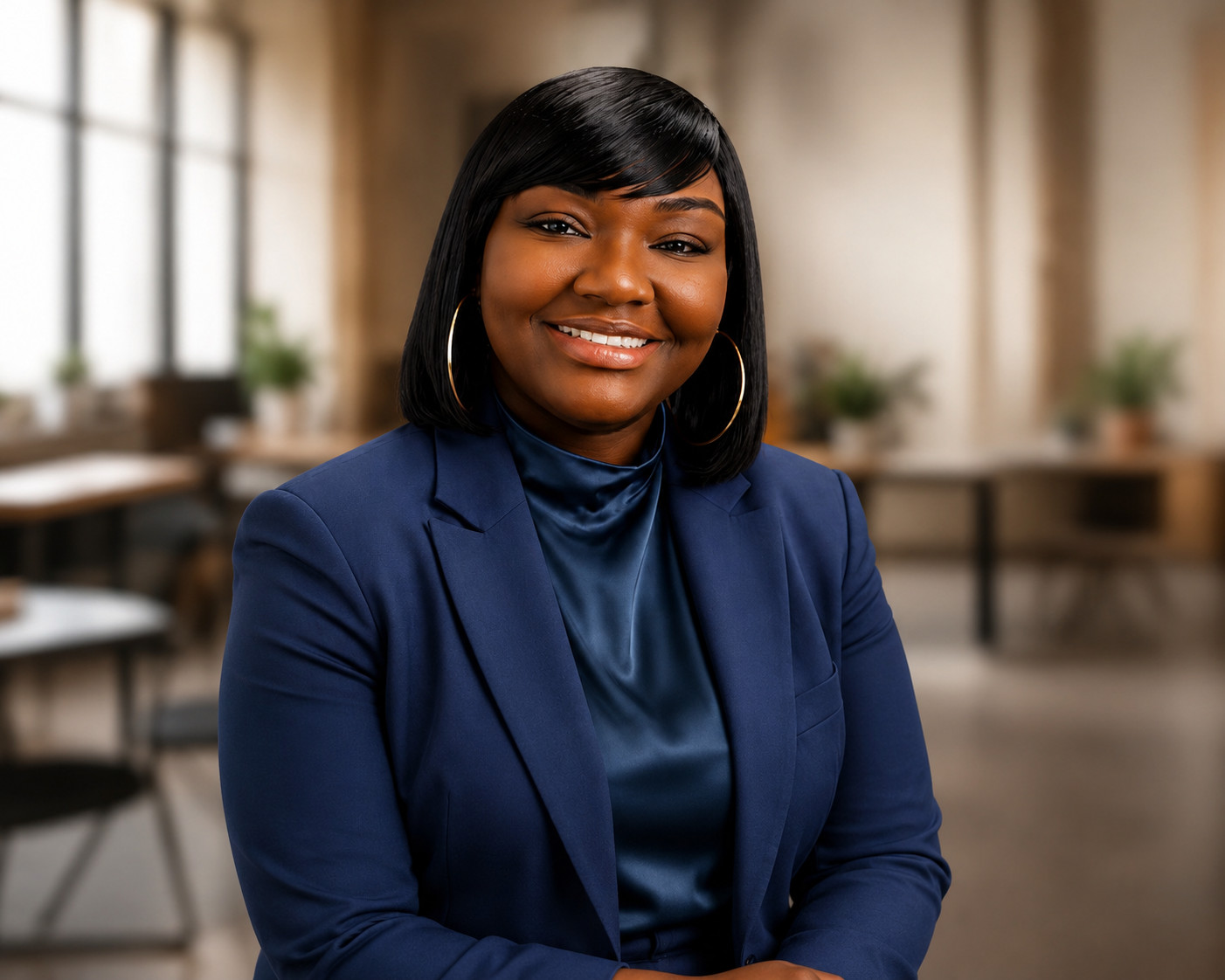 A confident woman with dark hair and hoop earrings, wearing a navy blazer and satin blouse, smiling in an office with large windows and potted plants.