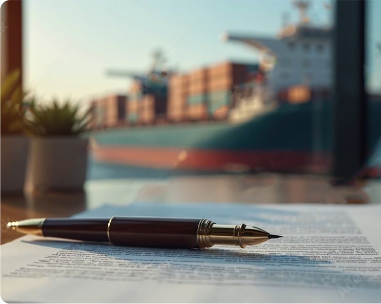 A pen resting on a document near a window with a blurred view of a cargo ship and container port outside.