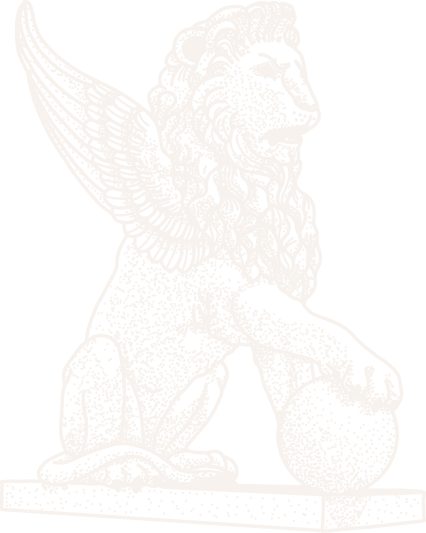 Illustration of a winged lion sculpture with detailed features, standing on a rectangular base.