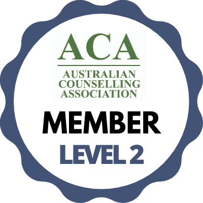 A badge from the Australian Counseling Association showing 'Member Level 2'. Among Puffins Counselling. Liz O'Neill. Counsellor Australia. Neurodiverse-affirming Therapy. Grief Therapy.