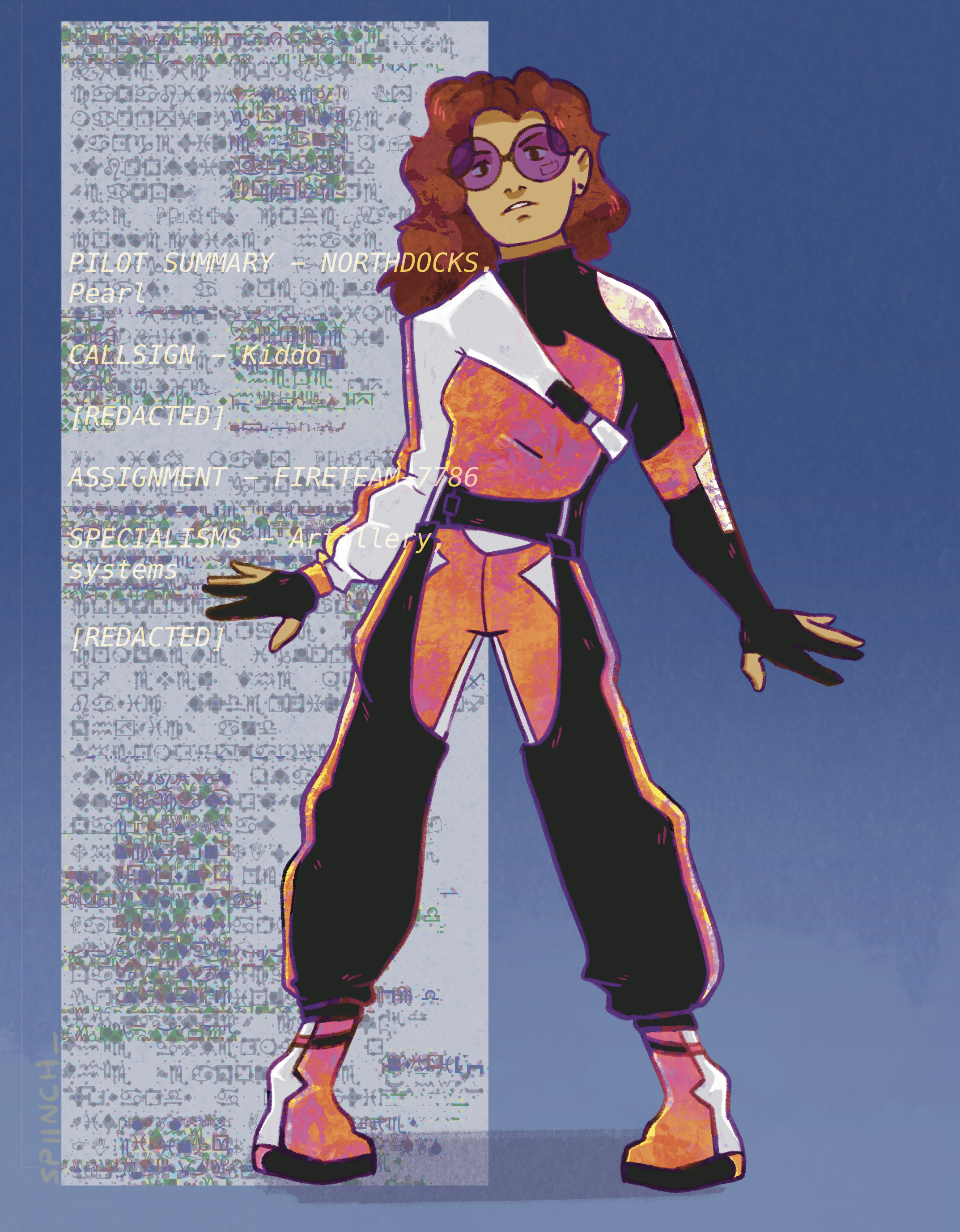 Digital illustration of a woman with curly red hair and purple sunglasses standing in front of a glowing, glitchy computer screen with digital and text artifacts. She is dressed in a futuristic, colorful outfit with armor-like elements, including ora