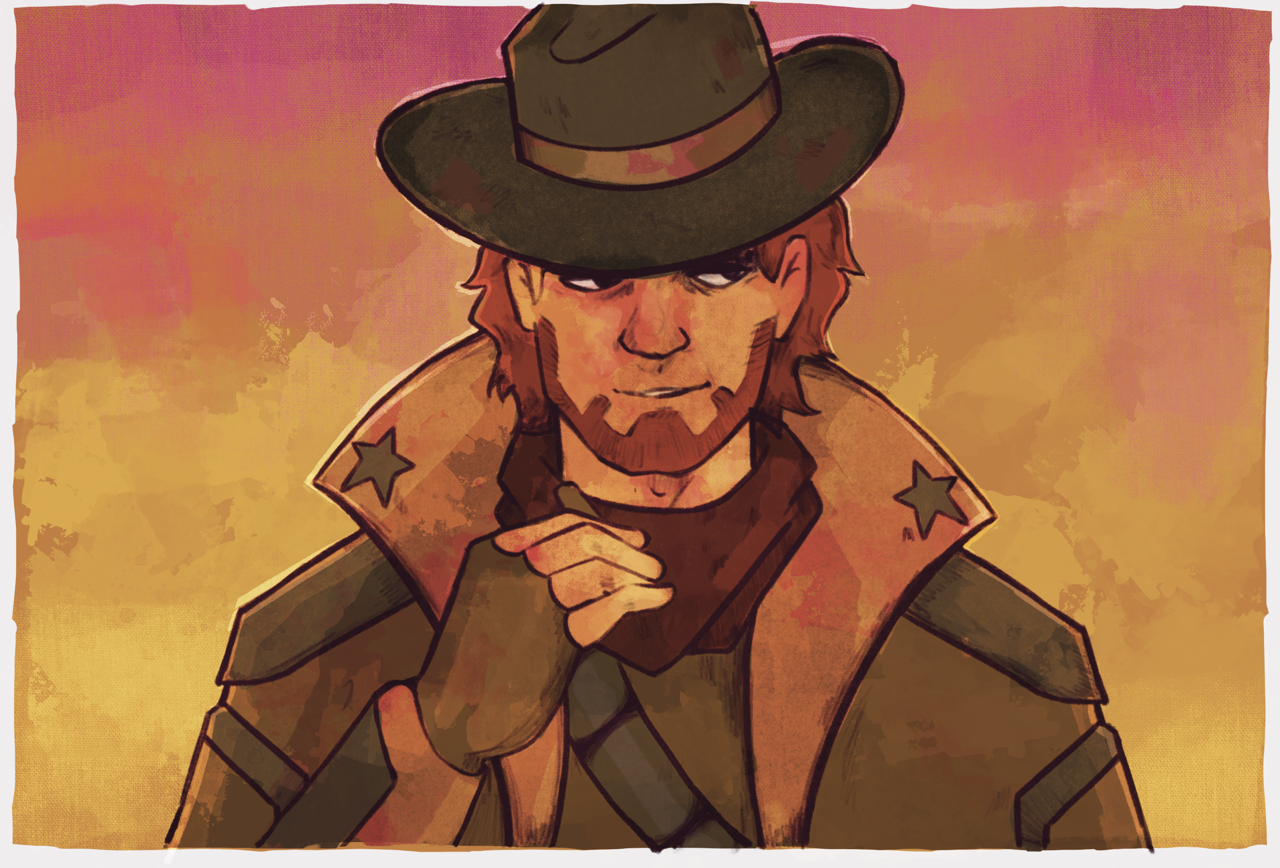 A cartoon cowboy with a mischievous expression, wearing a wide-brimmed hat, a jacket with star patches on the shoulders, and a finger to his lips, set against a warm, sunset background.