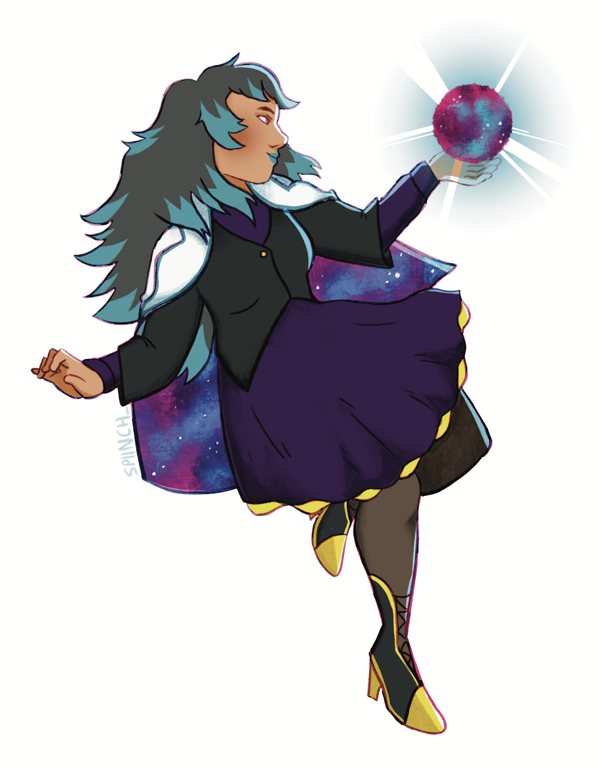 An animated woman with long, blue-tinted hair is holding a glowing, cosmic sphere with star-like rays. She is dressed in a dark coat, purple dress with yellow accents, and high-heeled shoes with yellow tips. The background features a galaxy pattern o