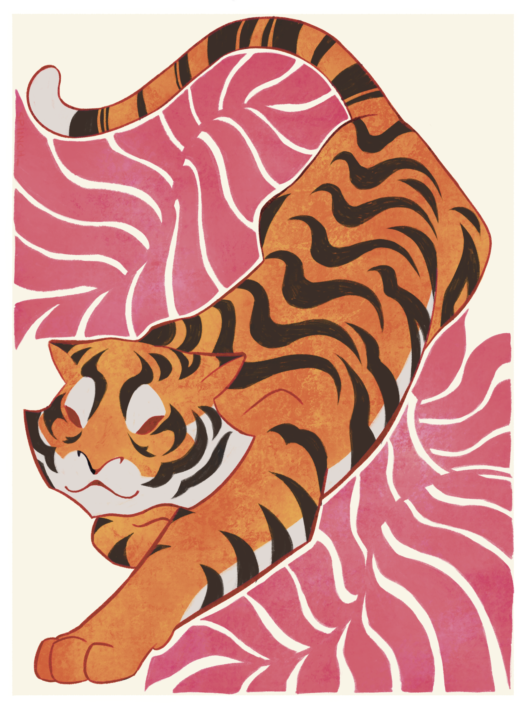 An illustration of a tiger lying among large pink and white striped leaves.