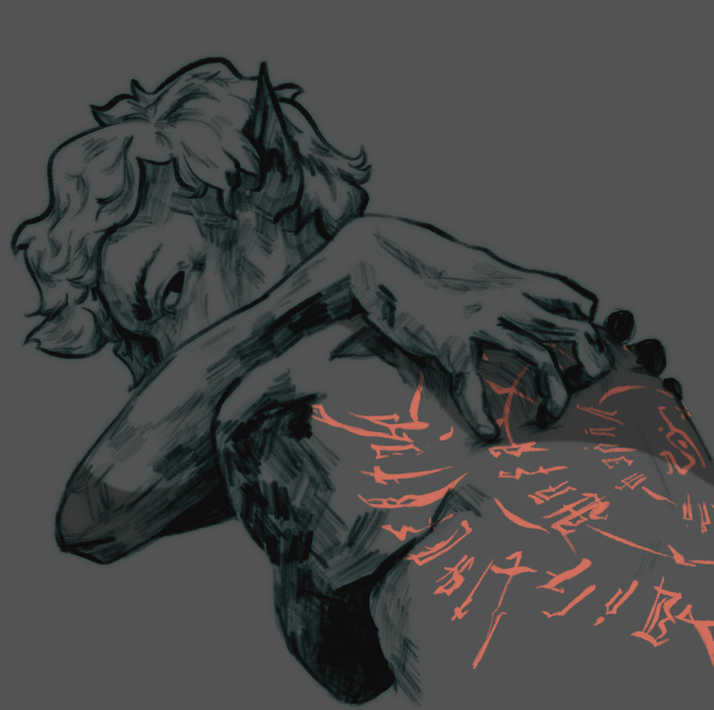 A fantasy-style illustration of a humanoid creature with a muscular arm, a lion-like face with a mane, and glowing red runes or markings on its body. The creature has pointed ears and an intense expression.