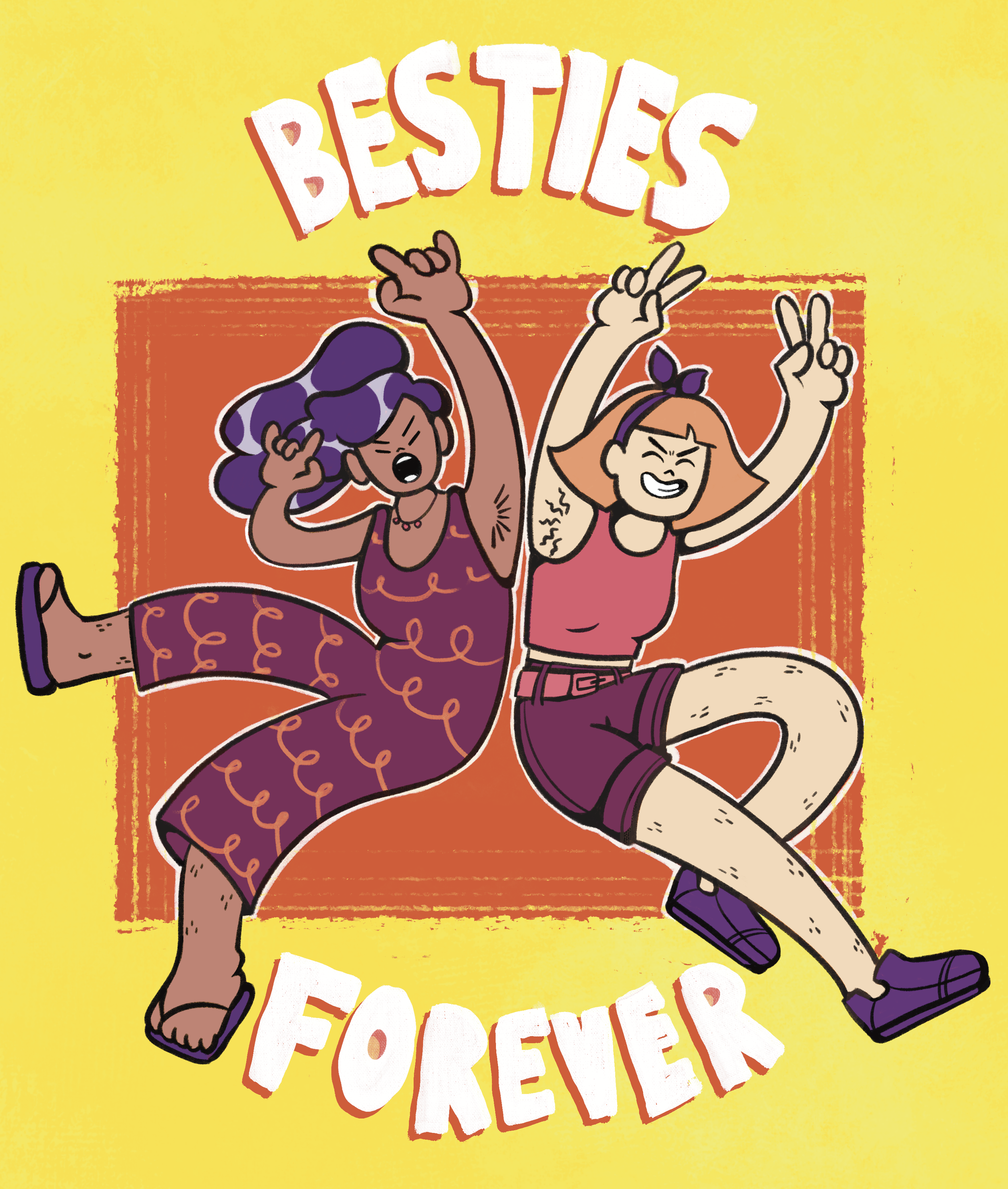 Two animated girls jumping with happiness, one with purple hair and the other with orange hair, both making peace signs with their hands, with the word "BESTIES" in large white and red letters above them.